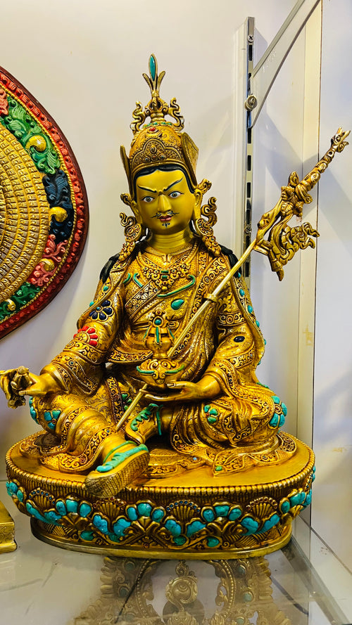 Padmasambhava Buddha Statue 33cm / 13" Hand-Carved Copper Gilded with Turquoise Inlay – Guru Rinpoche Himalayan Masterwork Nepal