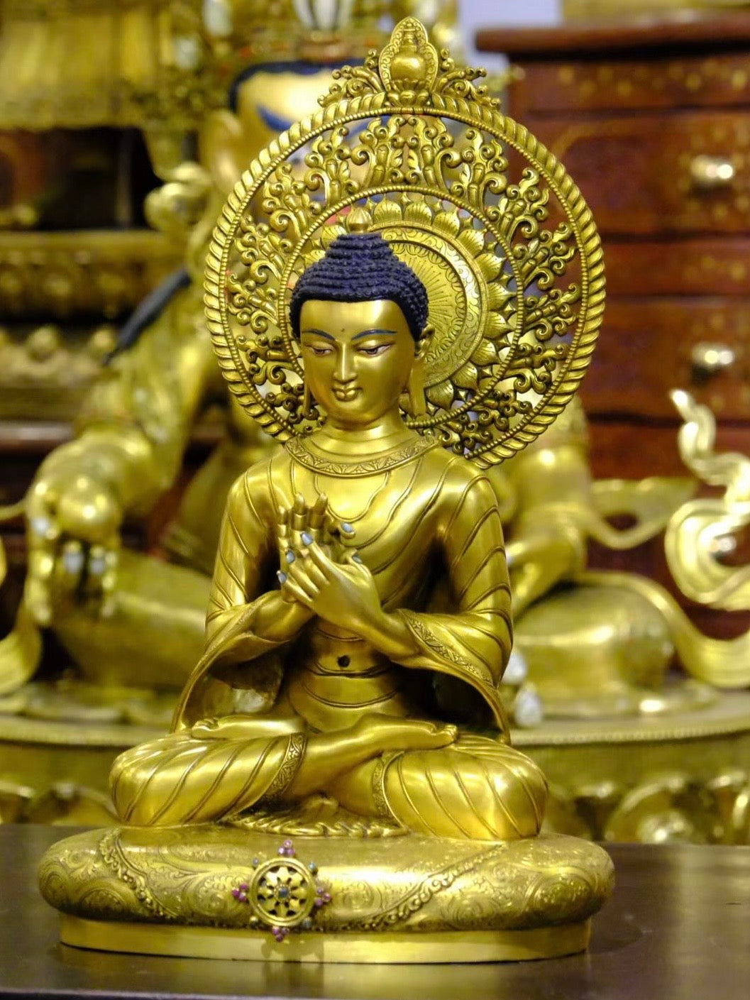 Shakyamuni Buddha in Dharmachakra Mudra (Teaching Buddha) Statue 38cm / 15" Hand-Carved Copper Gilded – Museum-Quality Himalayan Art Nepal – Handmade Tibetan Buddhist Statue, Lost-Wax Cast Himalayan Art from Nepal
