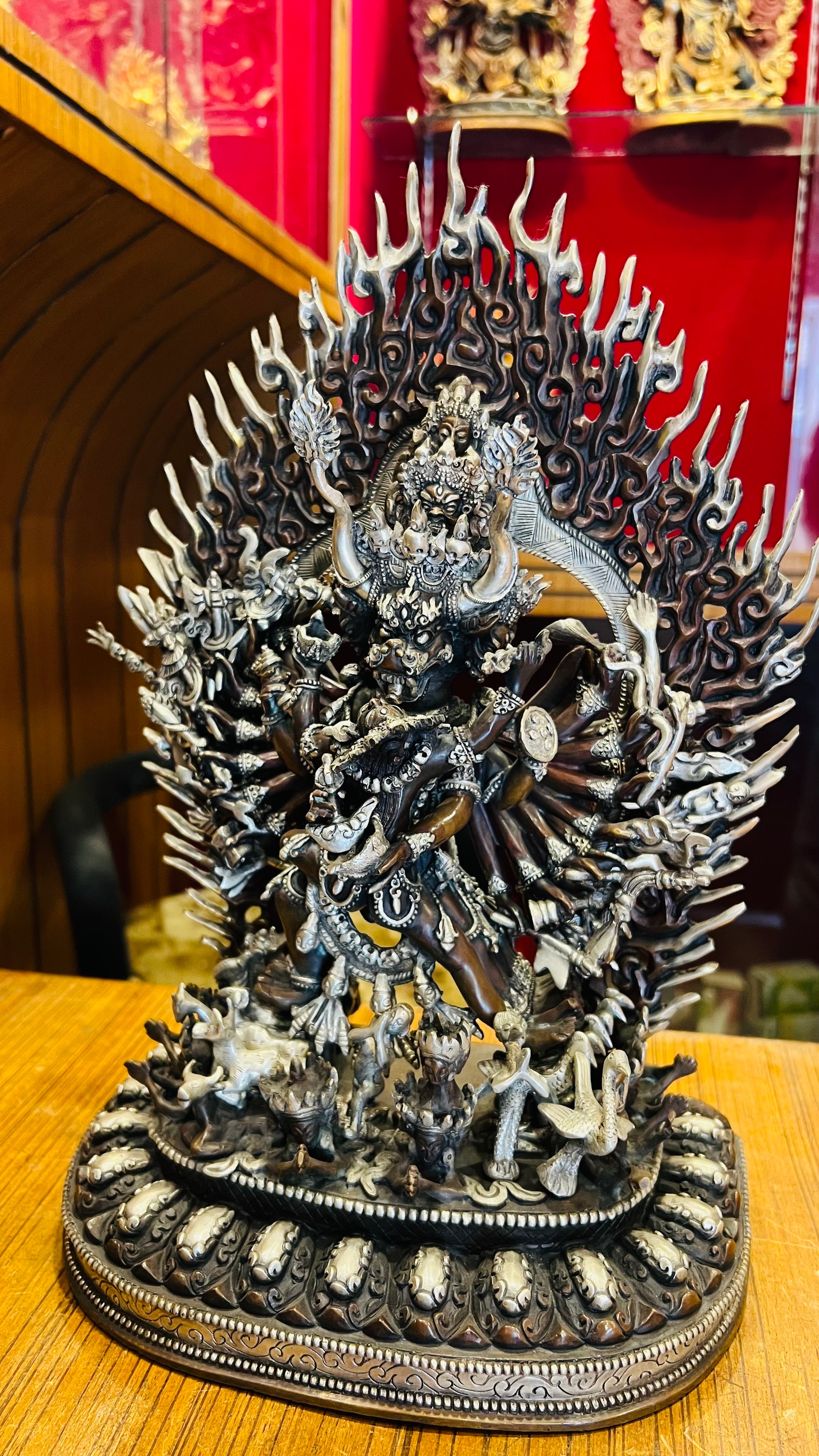 Yamantaka Yab-Yum Statue 37cm / 14.6" Hand-Carved Copper with Silver-Gilt Finish – Vajrabhairava Artisan Masterwork Nepal | Bo Tree Arts