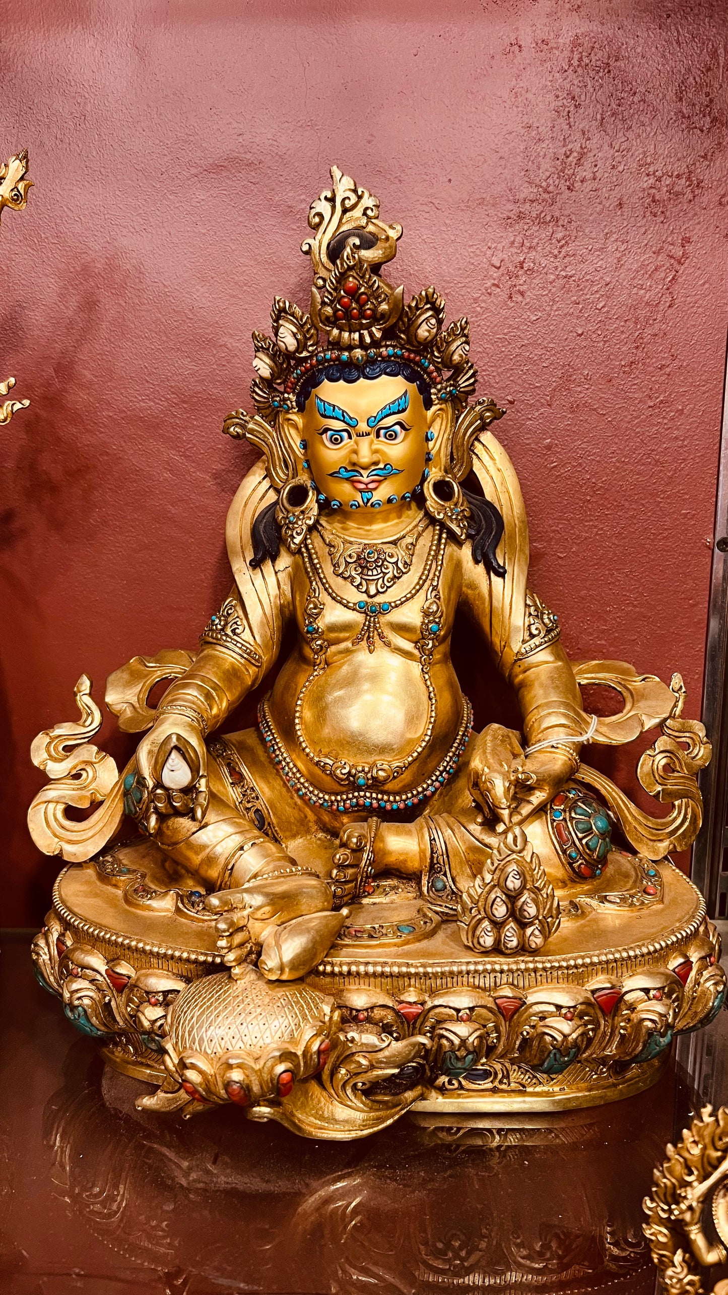 Yellow Jambhala Buddha Statue 34cm / 13.4" Hand-Carved Copper Gilded with Gemstone Inlay – Dzambhala Artisan Masterwork Nepal – Handmade Tibetan Buddhist Statue, Lost-Wax Cast Himalayan Art from Nepal