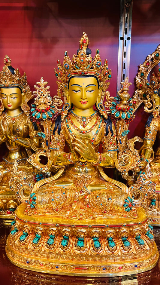 33cm Four-Armed Avalokiteshvara Statue Hand-Carved Copper Gilded with Gemstone Inlay – Tibetan Style Bodhisattva Masterwork Nepal | Bo Tree Arts