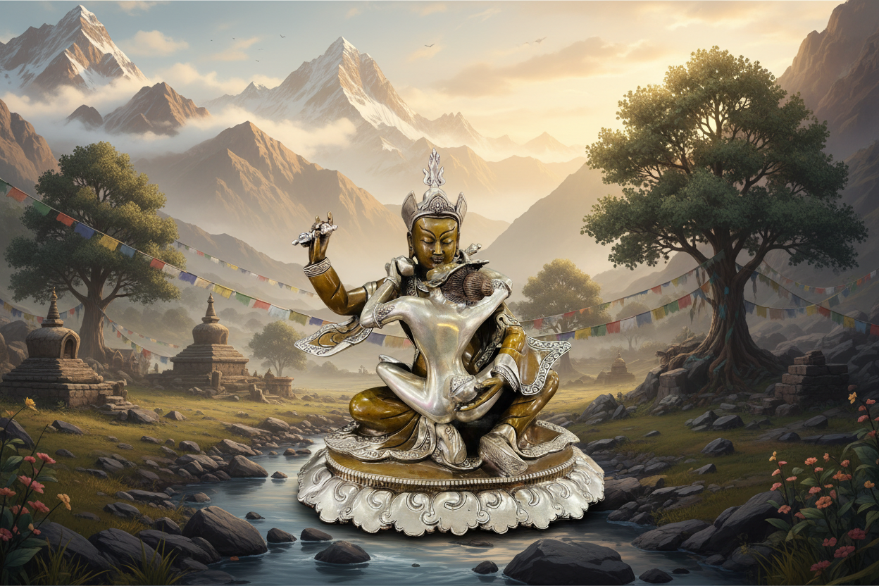 Padmasambhava Yab-Yum Statue 24cm / 9.4" Hand-Carved Copper Silver-Gilt – Guru Rinpoche Botree Arts Masterwork – Handmade Tibetan Buddhist Statue, Lost-Wax Cast Himalayan Art from Nepal