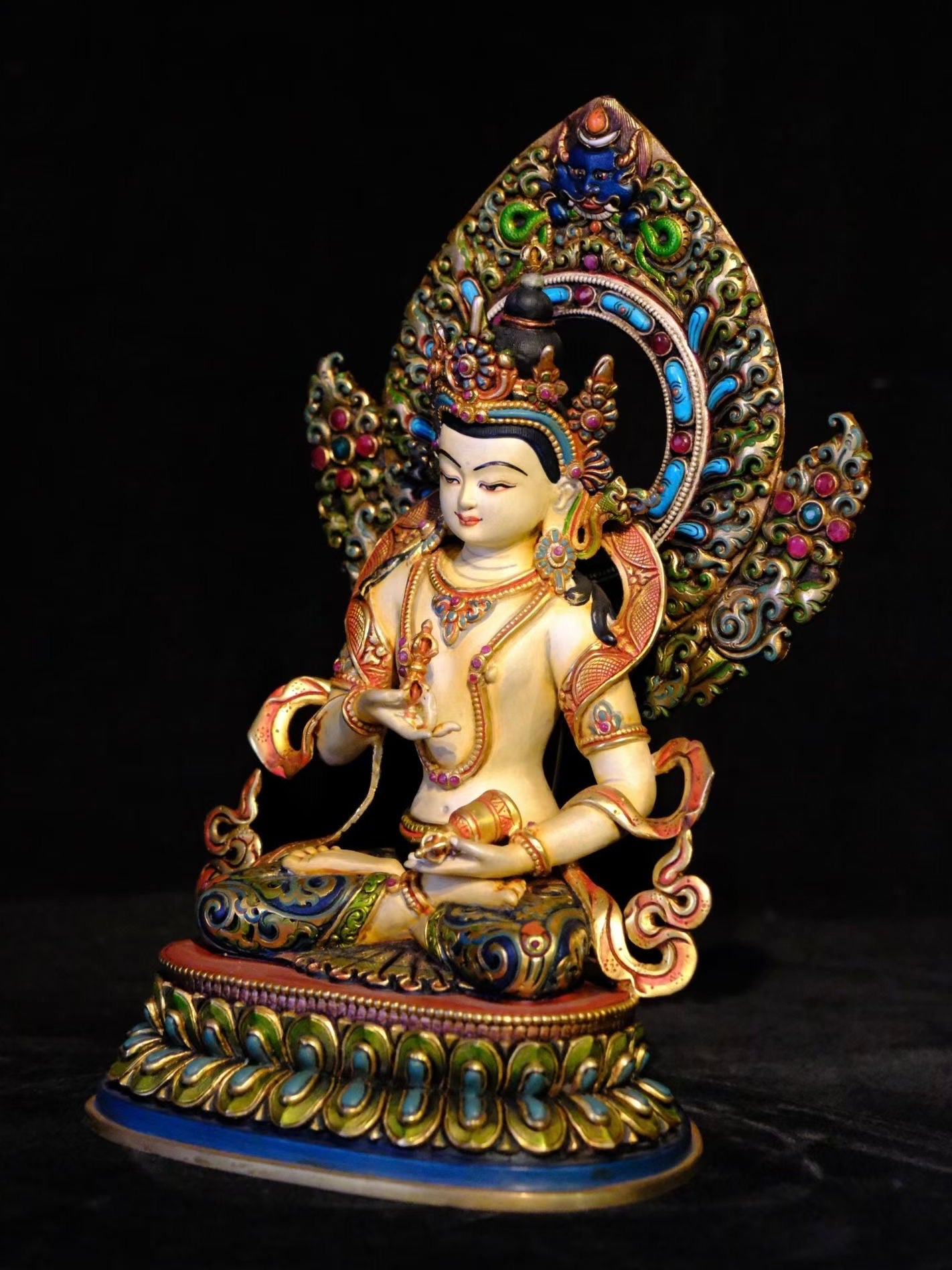 Vajrasattva (Dorje Sempa) Buddha Statue 28cm / 11" Hand-Carved Copper Gilded Painted with Gemstone Inlay – Himalayan Art Nepal – Handmade Tibetan Buddhist Statue, Lost-Wax Cast Himalayan Art from Nepal