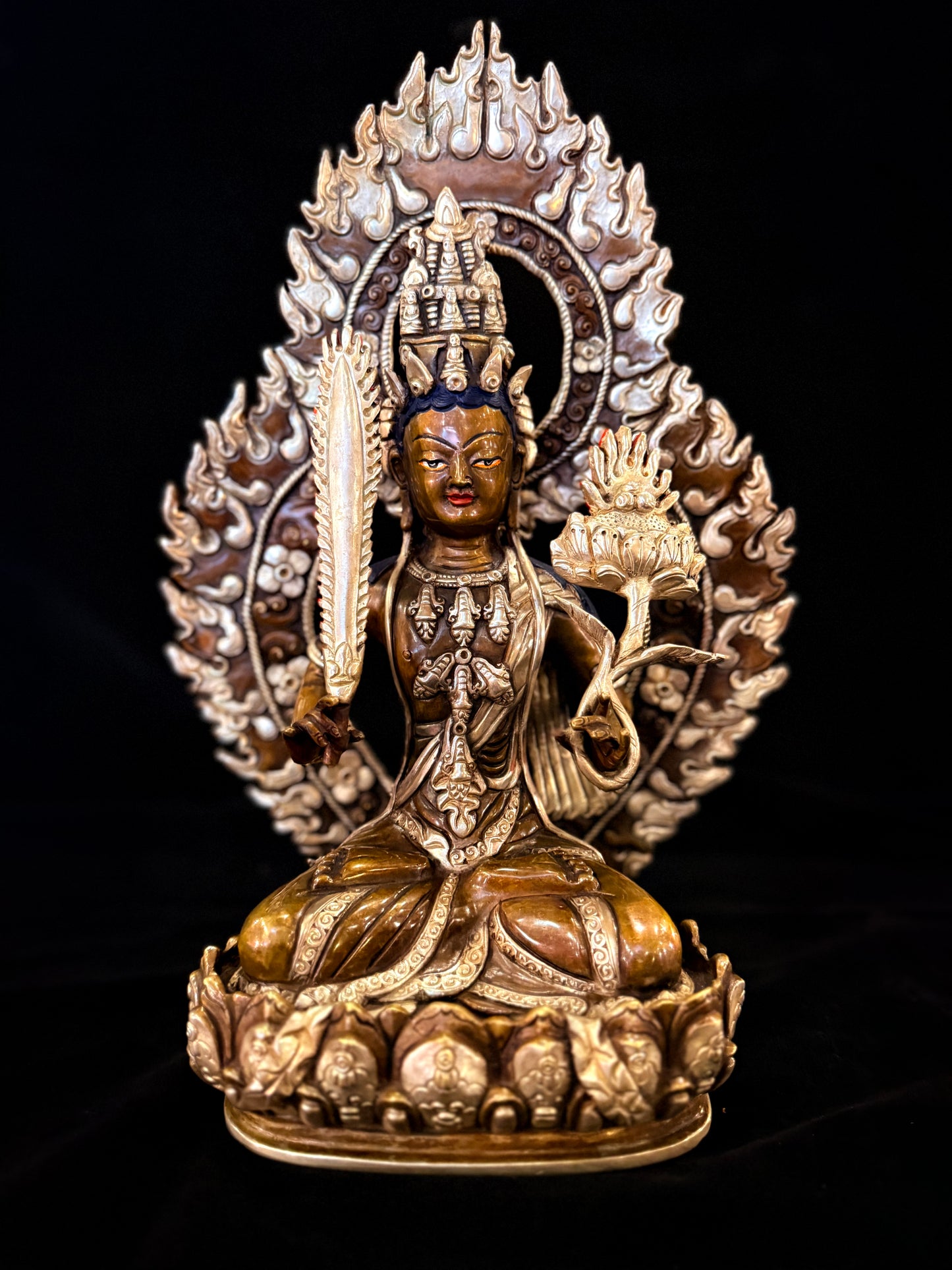 Akashagarbha Buddha Statue 35cm / 13.8" Hand-Carved Copper Silver-Gilt – Space Treasury Bodhisattva Botree Arts Masterwork – Handmade Tibetan Buddhist Statue, Lost-Wax Cast Himalayan Art from Nepal