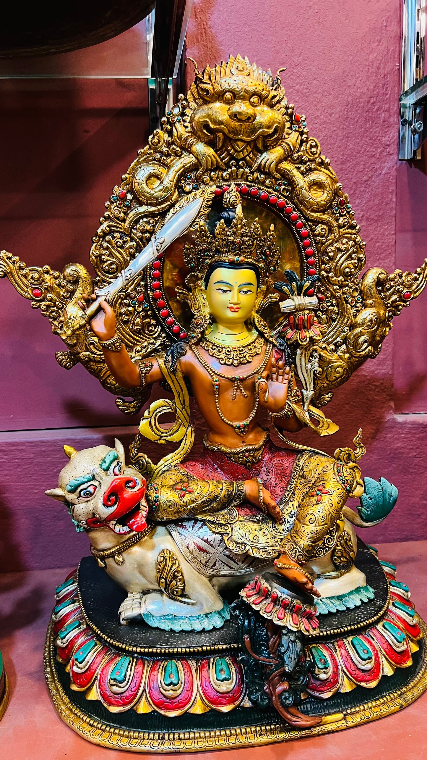 50cm Simhanada Manjushri Riding a Lion Statue Hand-Carved Copper Painted with Mandorla – Tibetan Style Wisdom Bodhisattva Masterwork Nepal – Handmade Tibetan Buddhist Statue, Lost-Wax Cast Himalayan Art from Nepal