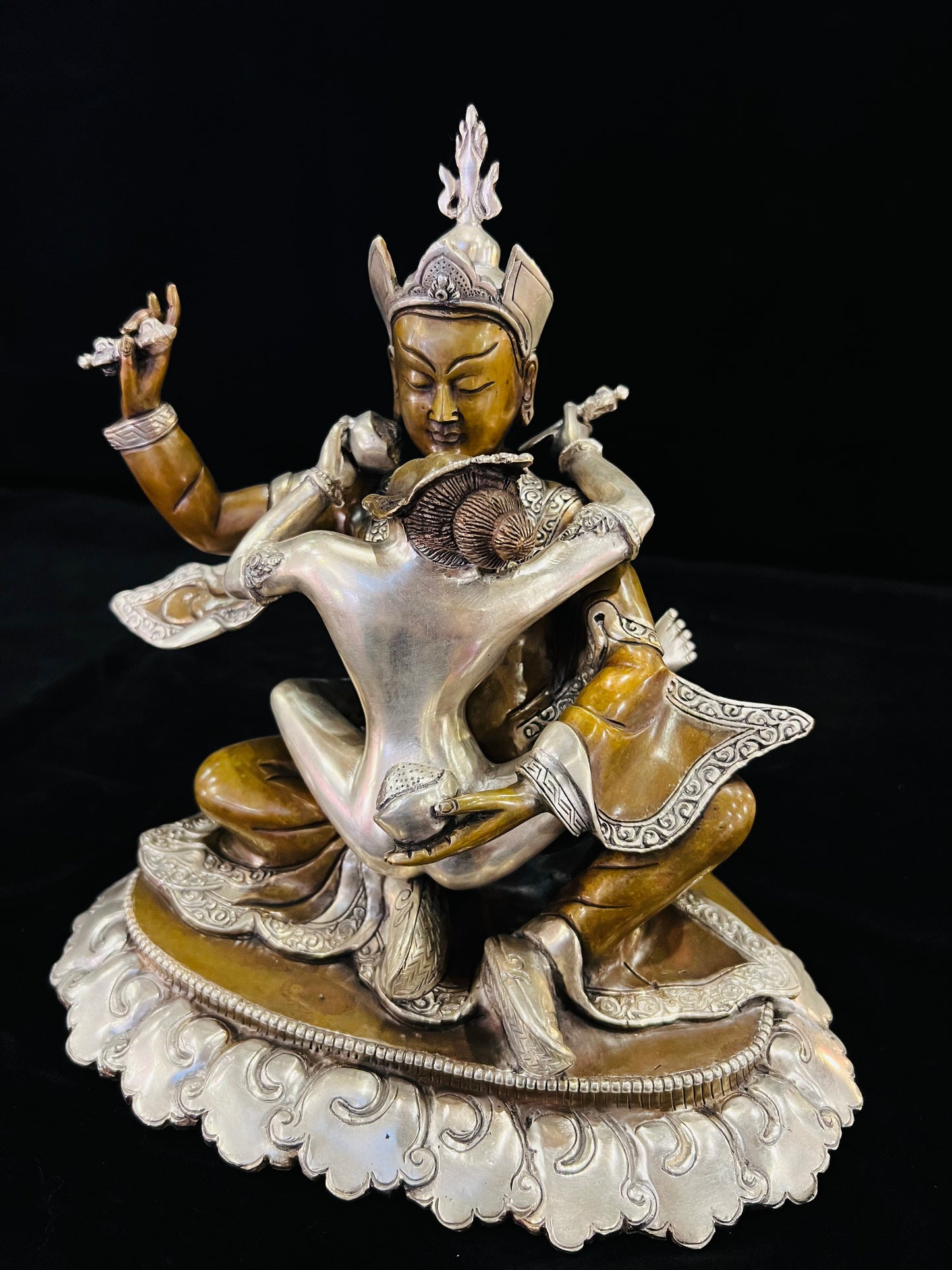 Padmasambhava Yab-Yum Statue 24cm / 9.4" Hand-Carved Copper Silver-Gilt – Guru Rinpoche Botree Arts Masterwork – Handmade Tibetan Buddhist Statue, Lost-Wax Cast Himalayan Art from Nepal
