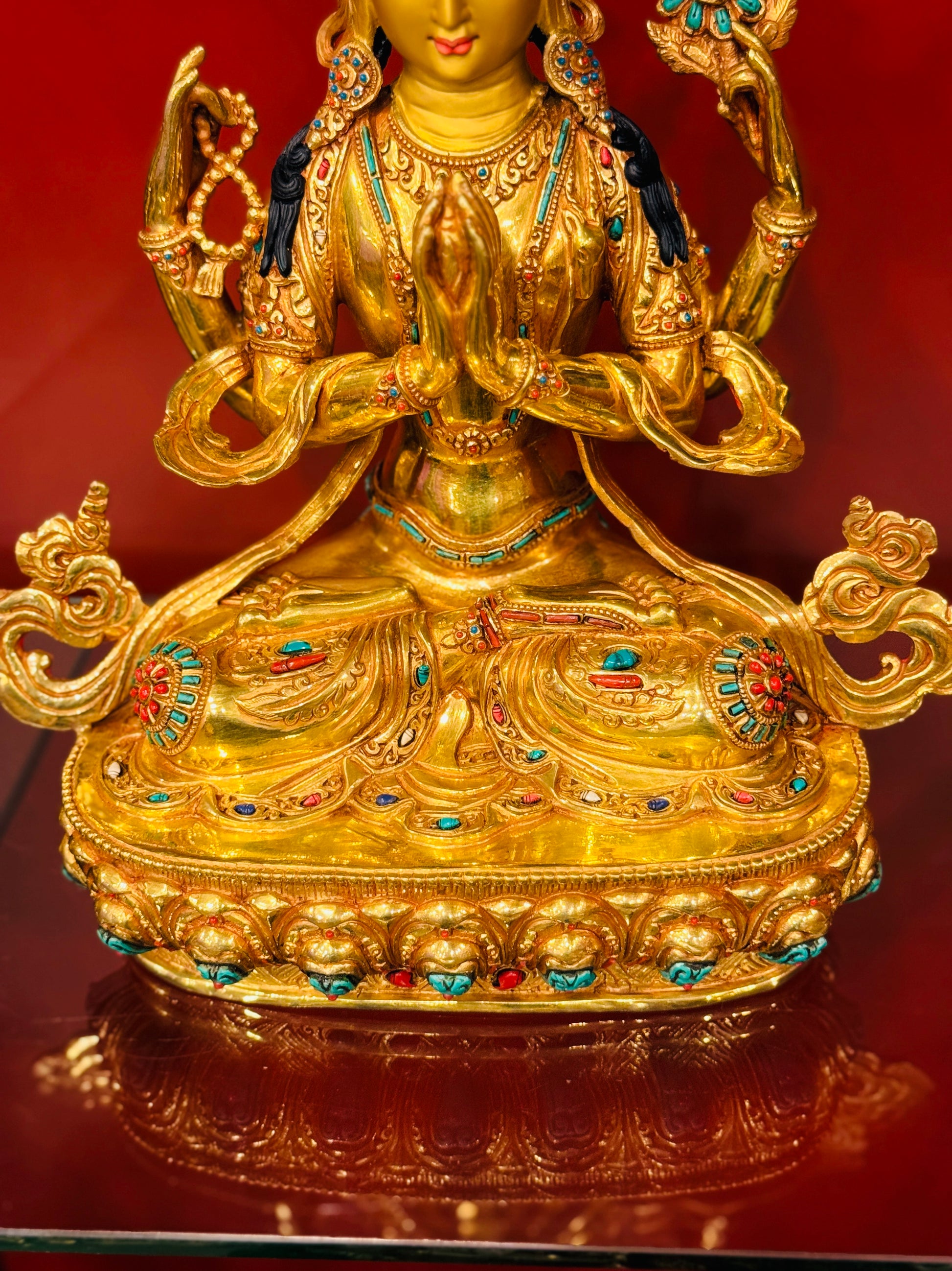 Chenrezig Buddha Statue 33cm / 13" Hand-Carved Copper Gilded with Gemstone Inlay – Serene Expression Masterwork Botree Arts Nepal | Bo Tree Arts