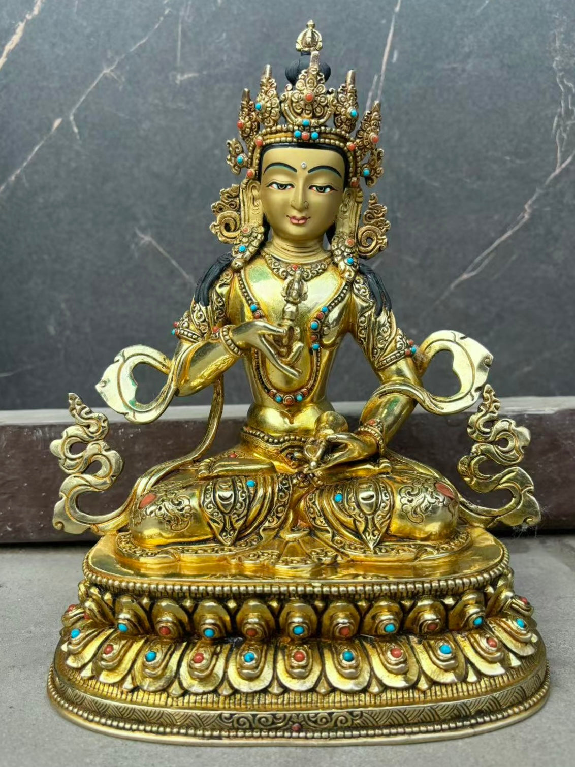 Vajrasattva (Dorje Sempa) Buddha Statue 23cm / 9" Hand-Carved Copper Gilded with Double Lotus Throne – Ancient Technique | Bo Tree Arts