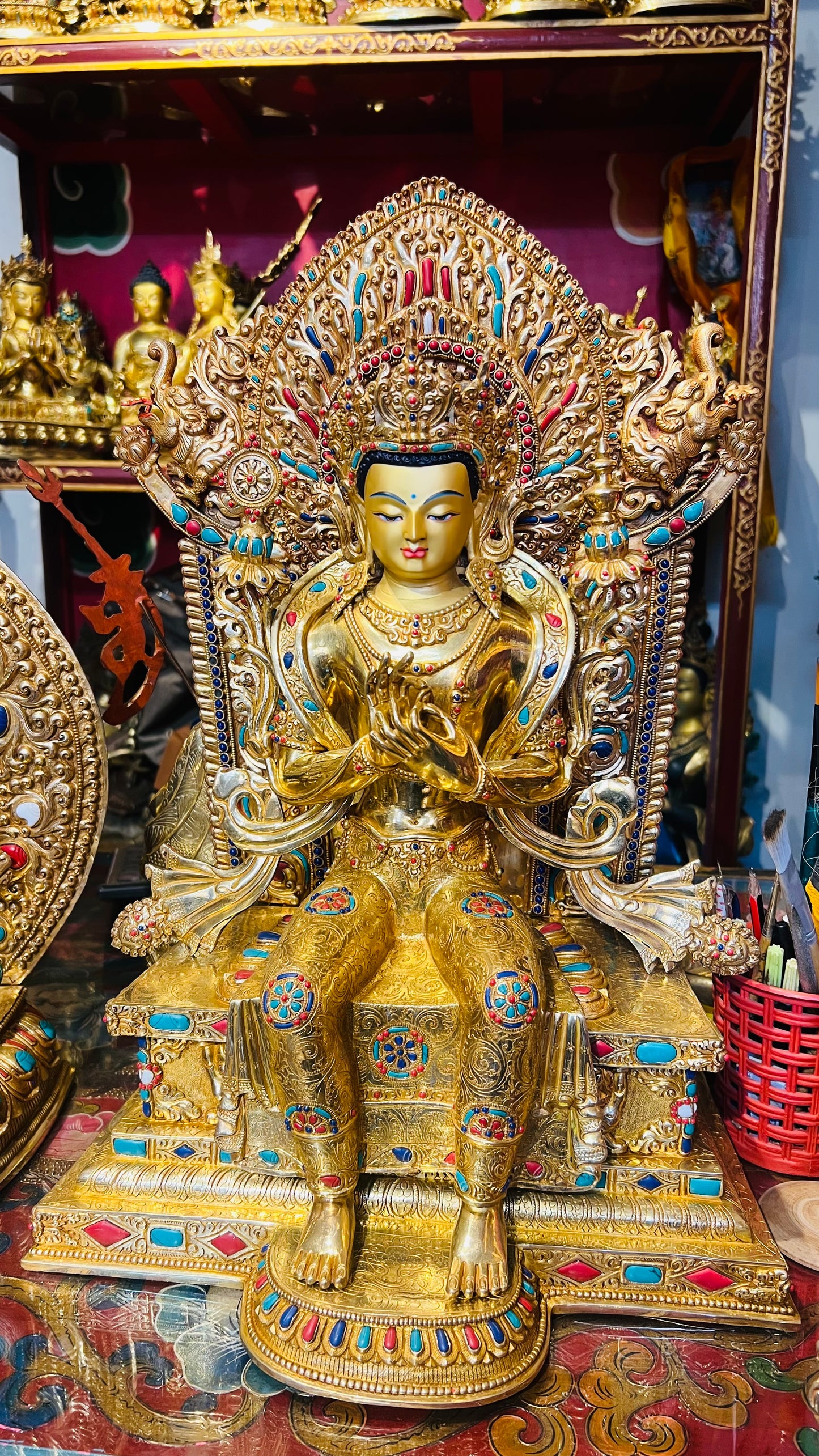 45cm Gilded Maitreya Buddha Statue with Crown – Handmade Copper Sculpture, Tibetan Style Future Buddha Art from Nepal – Handmade Tibetan Buddhist Statue, Lost-Wax Cast Himalayan Art from Nepal