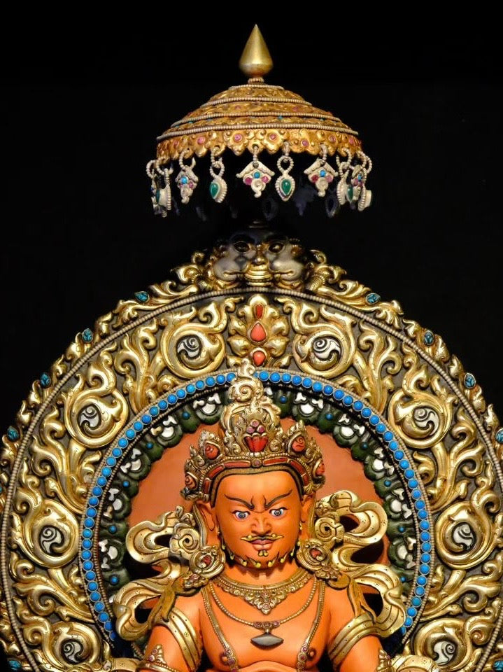 Yellow Jambhala Buddha Statue 58cm / 22.8" Hand-Carved Copper Painted with Gemstone Inlay – Traditional Himalayan Art Collection Nepal – Handmade Tibetan Buddhist Statue, Lost-Wax Cast Himalayan Art from Nepal
