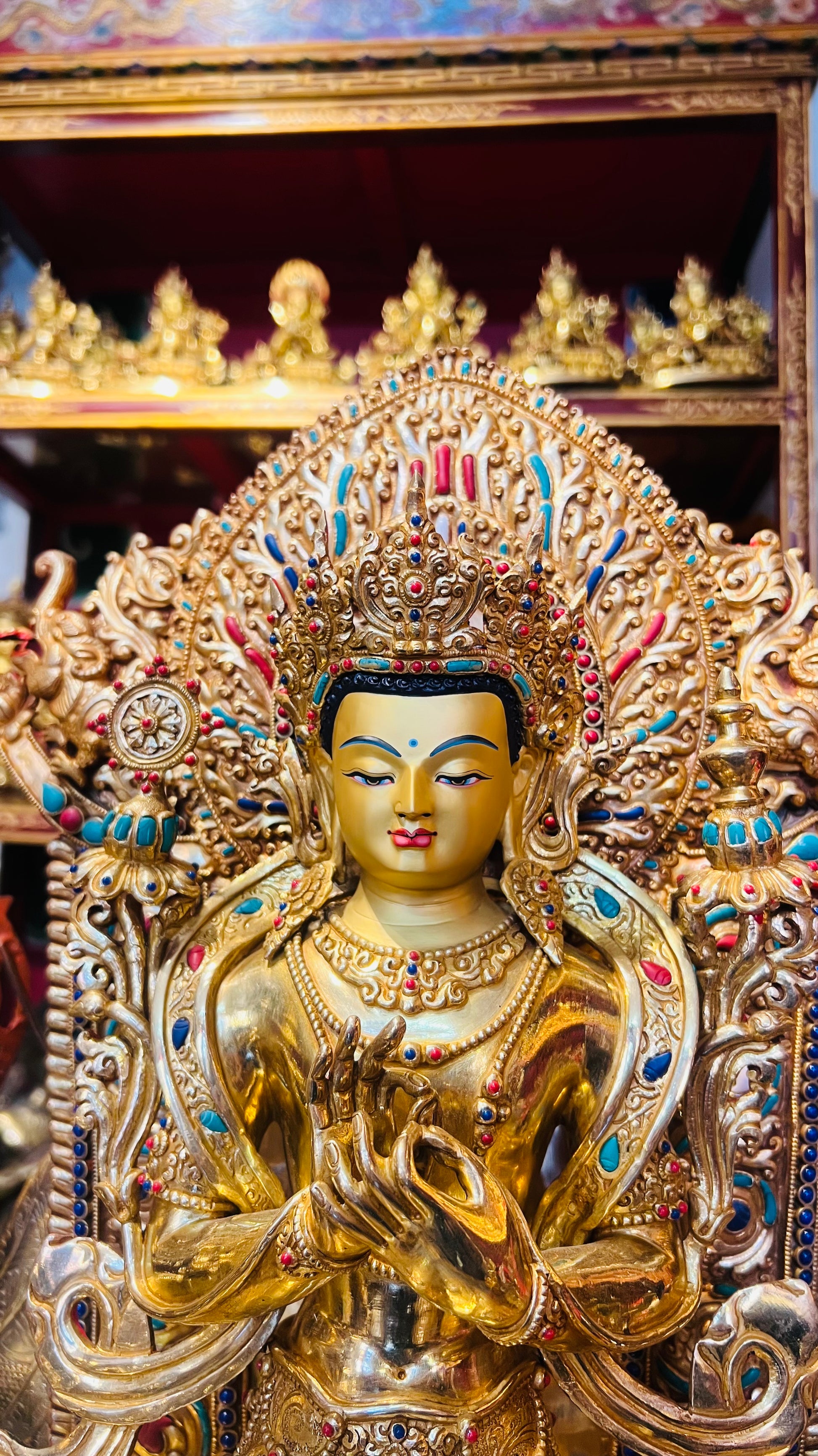 45cm Gilded Maitreya Buddha Statue with Crown – Handmade Copper Sculpture, Tibetan Style Future Buddha Art from Nepal | Bo Tree Arts