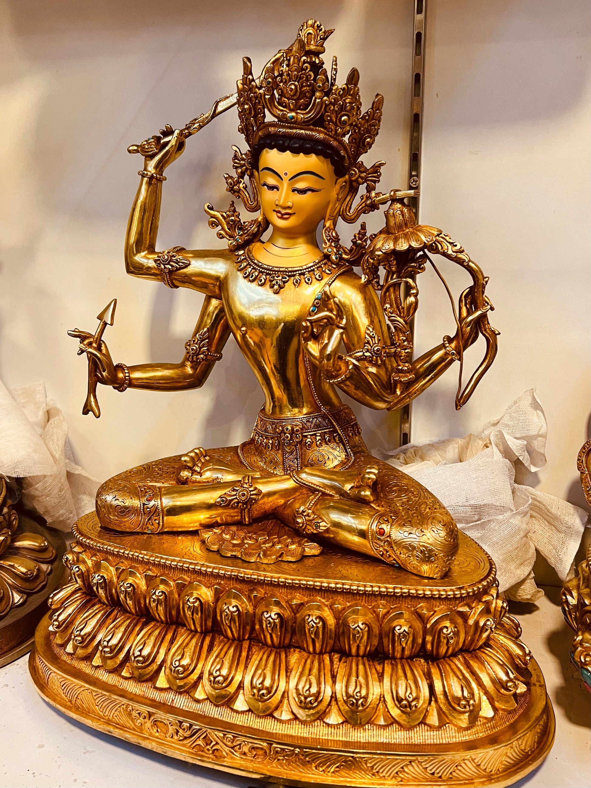 Four-Armed Manjushri Buddha Statue 38cm / 15" Hand-Carved Copper Gilded – Chaturbhuja Jampelyang Collector's Masterwork | Bo Tree Arts