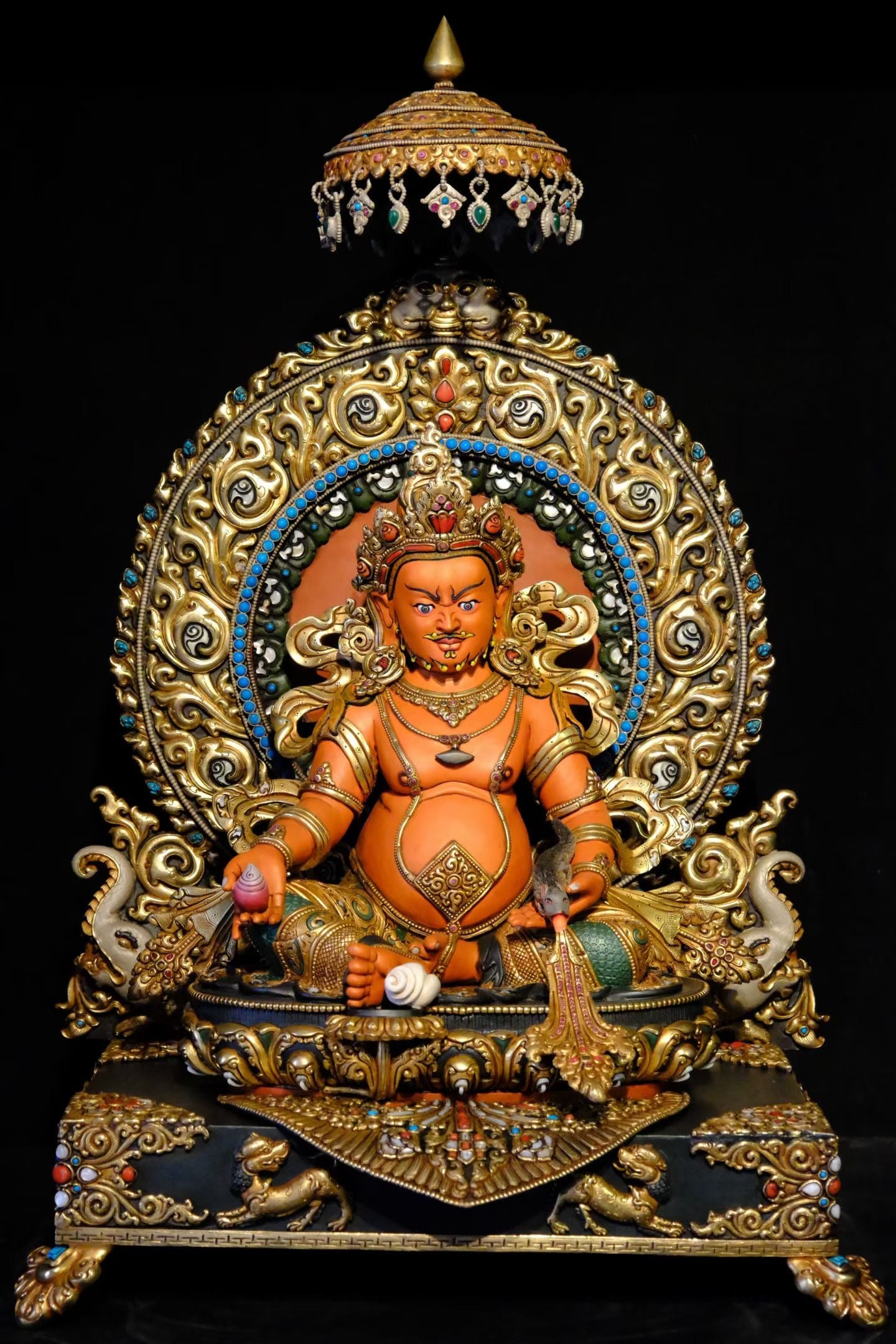 Yellow Jambhala Buddha Statue 58cm / 22.8" Hand-Carved Copper Painted with Gemstone Inlay – Traditional Himalayan Art Collection Nepal – Handmade Tibetan Buddhist Statue, Lost-Wax Cast Himalayan Art from Nepal