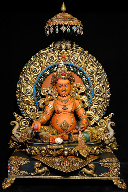 Yellow Jambhala Buddha Statue 58cm / 22.8" Hand-Carved Copper Painted with Gemstone Inlay – Traditional Himalayan Art Collection Nepal
