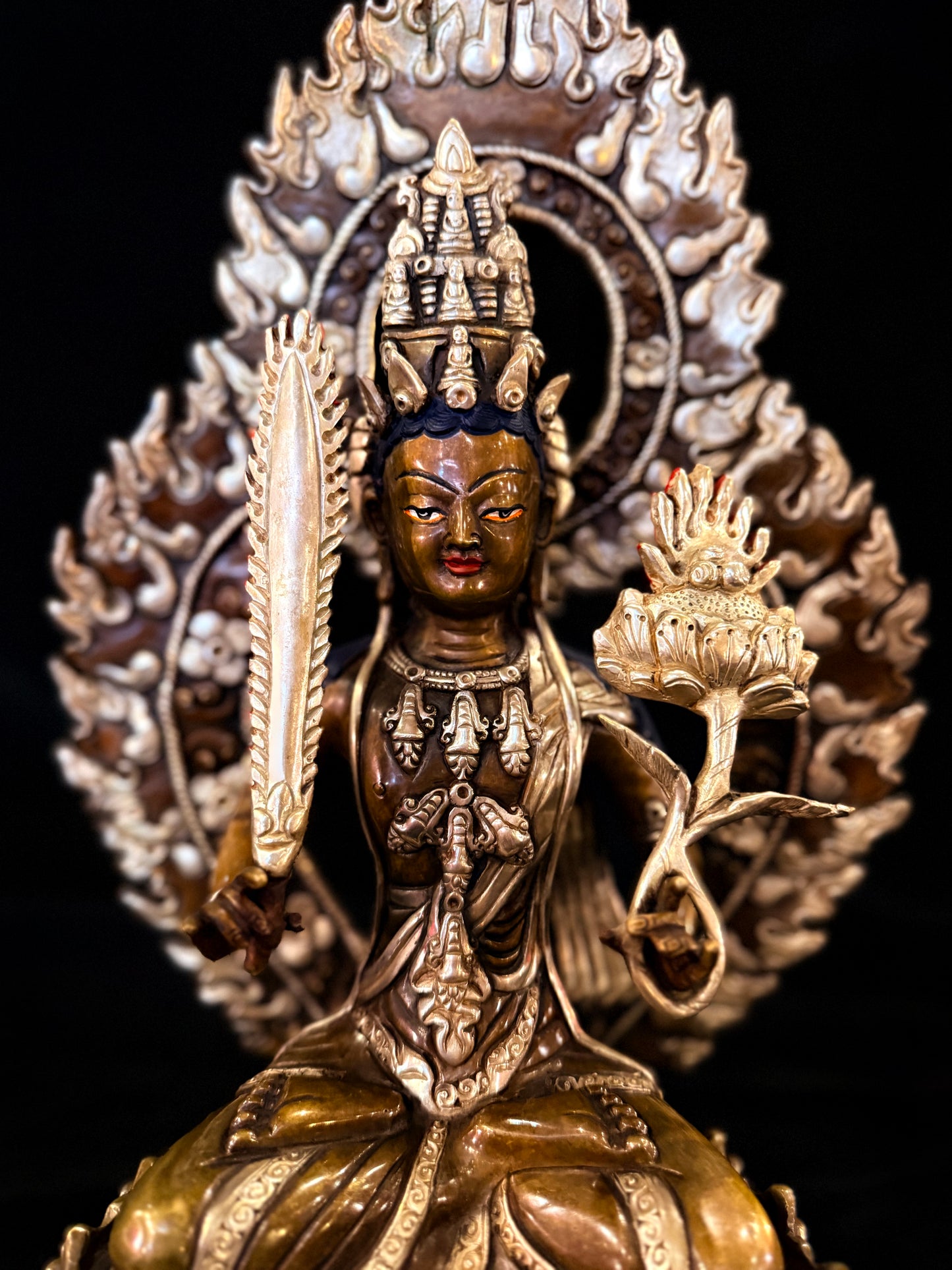Akashagarbha Buddha Statue 35cm / 13.8" Hand-Carved Copper Silver-Gilt – Space Treasury Bodhisattva Botree Arts Masterwork – Handmade Tibetan Buddhist Statue, Lost-Wax Cast Himalayan Art from Nepal