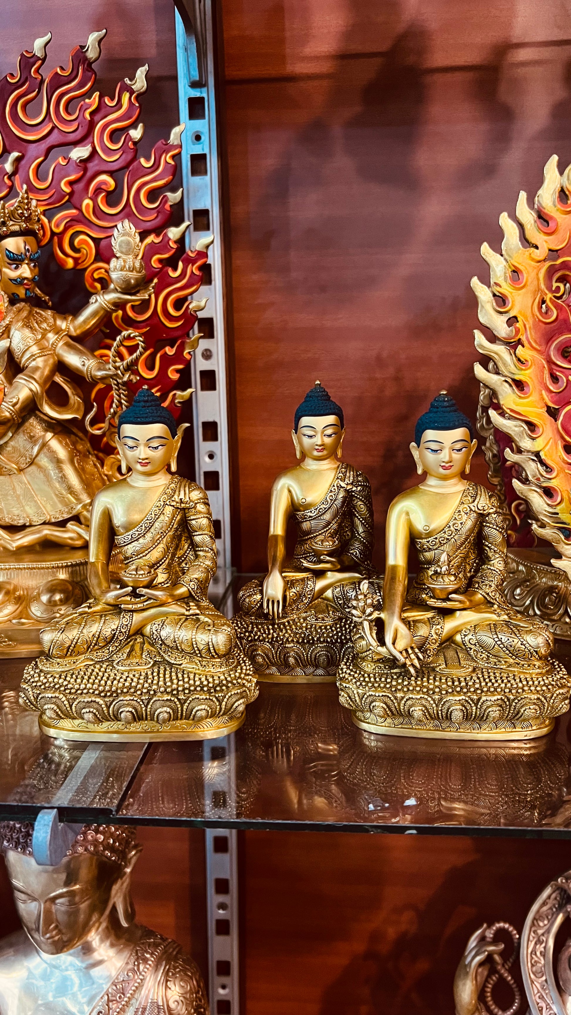 Triple Gem Buddha (Shakyamuni Medicine Buddha Amitabha) Statues 14cm / 5.5" Hand-Carved Copper Gilded – Himalayan Art Nepal | Bo Tree Arts