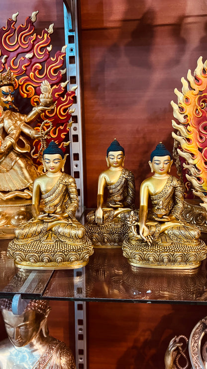 Triple Gem Buddha (Shakyamuni Medicine Buddha Amitabha) Statues 14cm / 5.5" Hand-Carved Copper Gilded – Himalayan Art Nepal