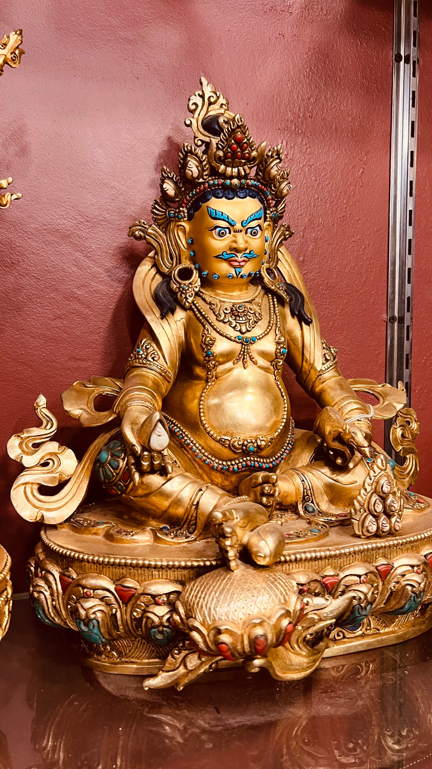 Yellow Jambhala Buddha Statue 34cm / 13.4" Hand-Carved Copper Gilded with Gemstone Inlay – Dzambhala Artisan Masterwork Nepal – Handmade Tibetan Buddhist Statue, Lost-Wax Cast Himalayan Art from Nepal