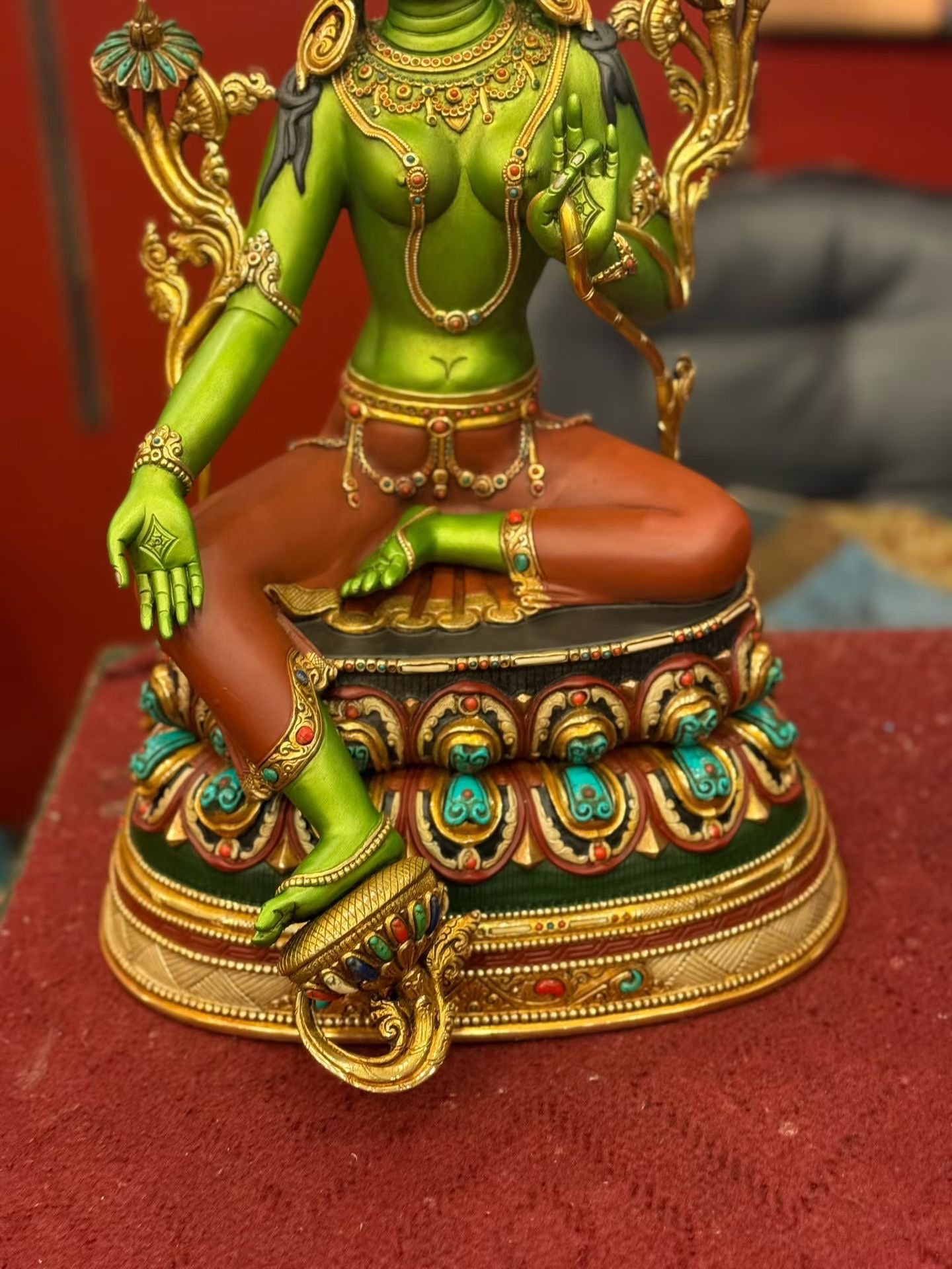 46cm Green Tara Statue Hand-Carved Copper Painted with Gemstone Inlay – Tibetan Buddhist Deity Masterwork Nepal – Handmade Tibetan Buddhist Statue, Lost-Wax Cast Himalayan Art from Nepal