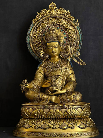 Padmasambhava (Guru Rinpoche) Buddha Statue  (48cm / 18.9" with Mandorla) Hand-Carved Copper with Gold-Gilded Face – Museum-Quality Rare Himalayan Art Nepal