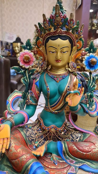 48cm Green Tara Statue Hand-Carved Copper Gilded & Painted – Serene Expression Tibetan Style Bodhisattva Masterwork Nepal