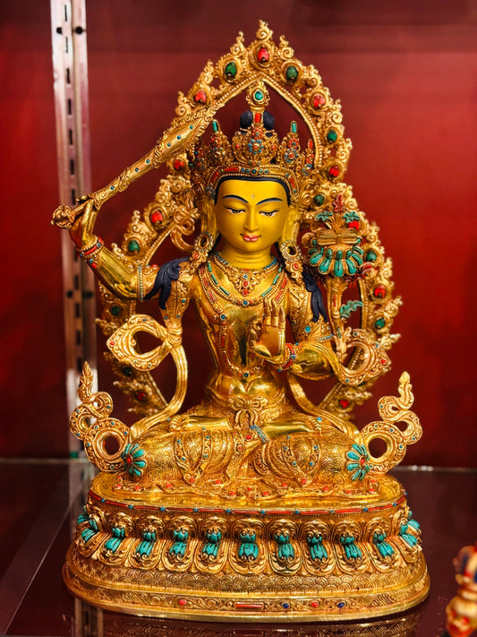 Manjushri Buddha Statue 35cm / 13.8" Hand-Carved Copper Gilded with Gemstone Inlay & Mandorla – Bodhisattva of Wisdom Handmade in Nepal | Bo Tree Arts
