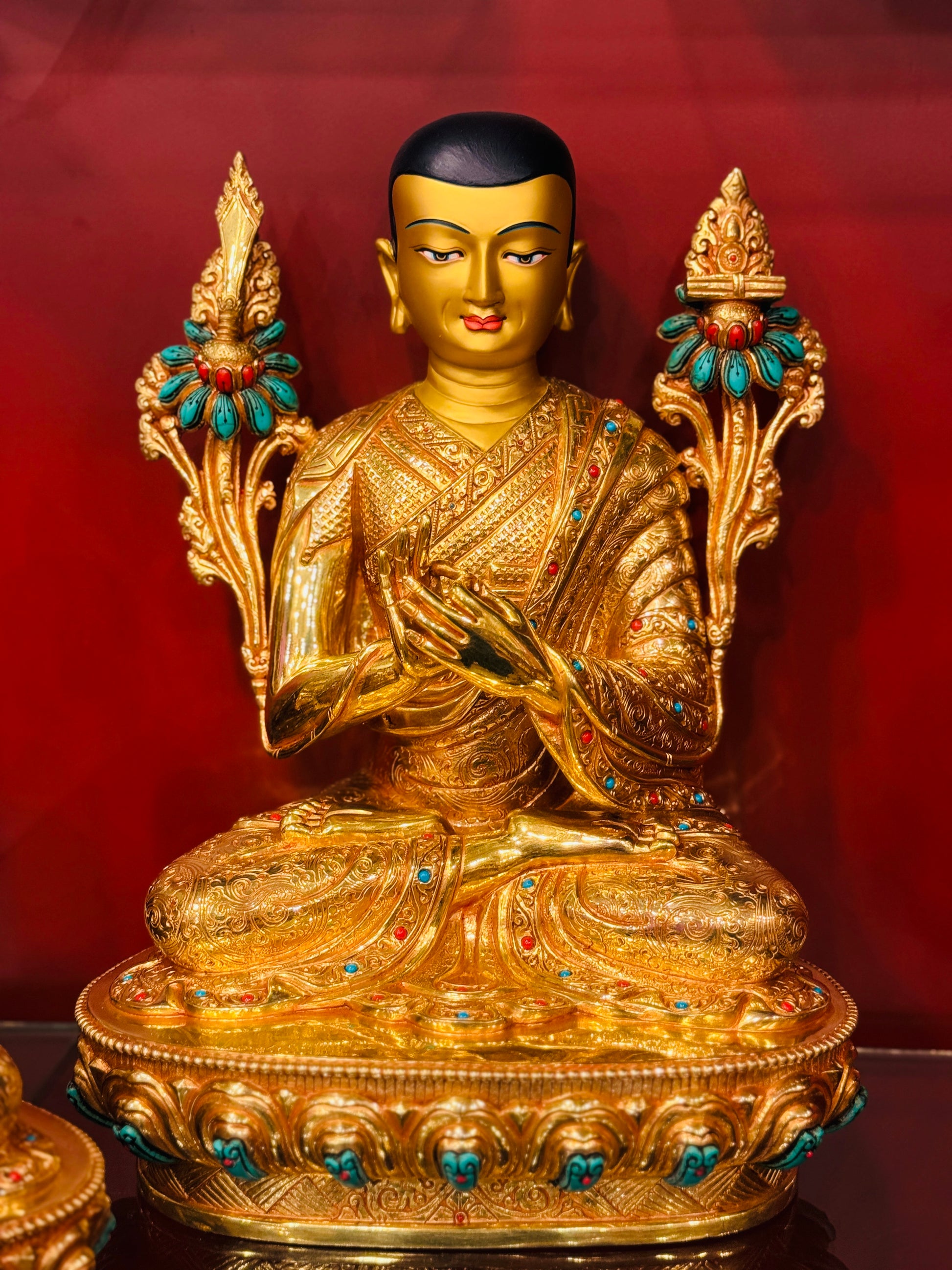 Je Tsongkhapa Master Set Buddha Statues 30cm / 11.8" & 25cm / 9.8" Hand-Carved Copper Gilded with Gemstone Inlay – Botree Arts Himalayan Masterwork Nepal | Bo Tree Arts