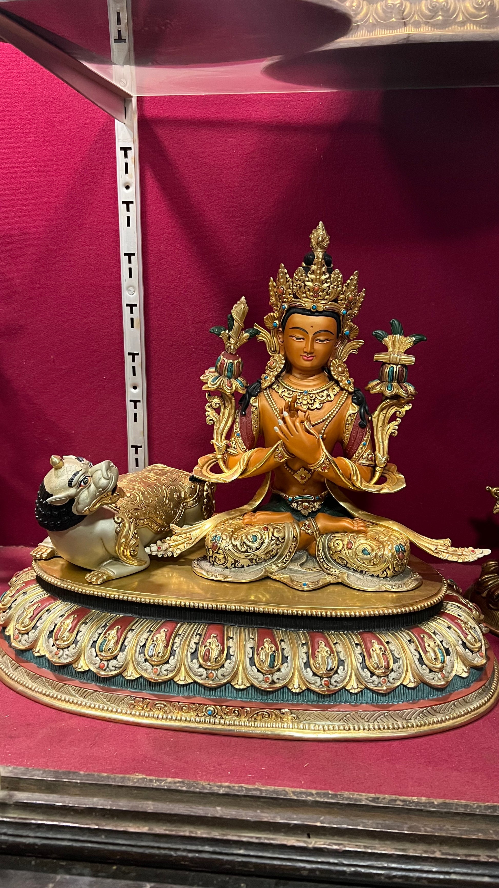 50cm Simhanada Manjushri Riding a Lion Statue – Hand-Carved Copper Gold-Plated Painted Masterwork, Tibetan Buddhist Wisdom Deity from Nepal | Bo Tree Arts