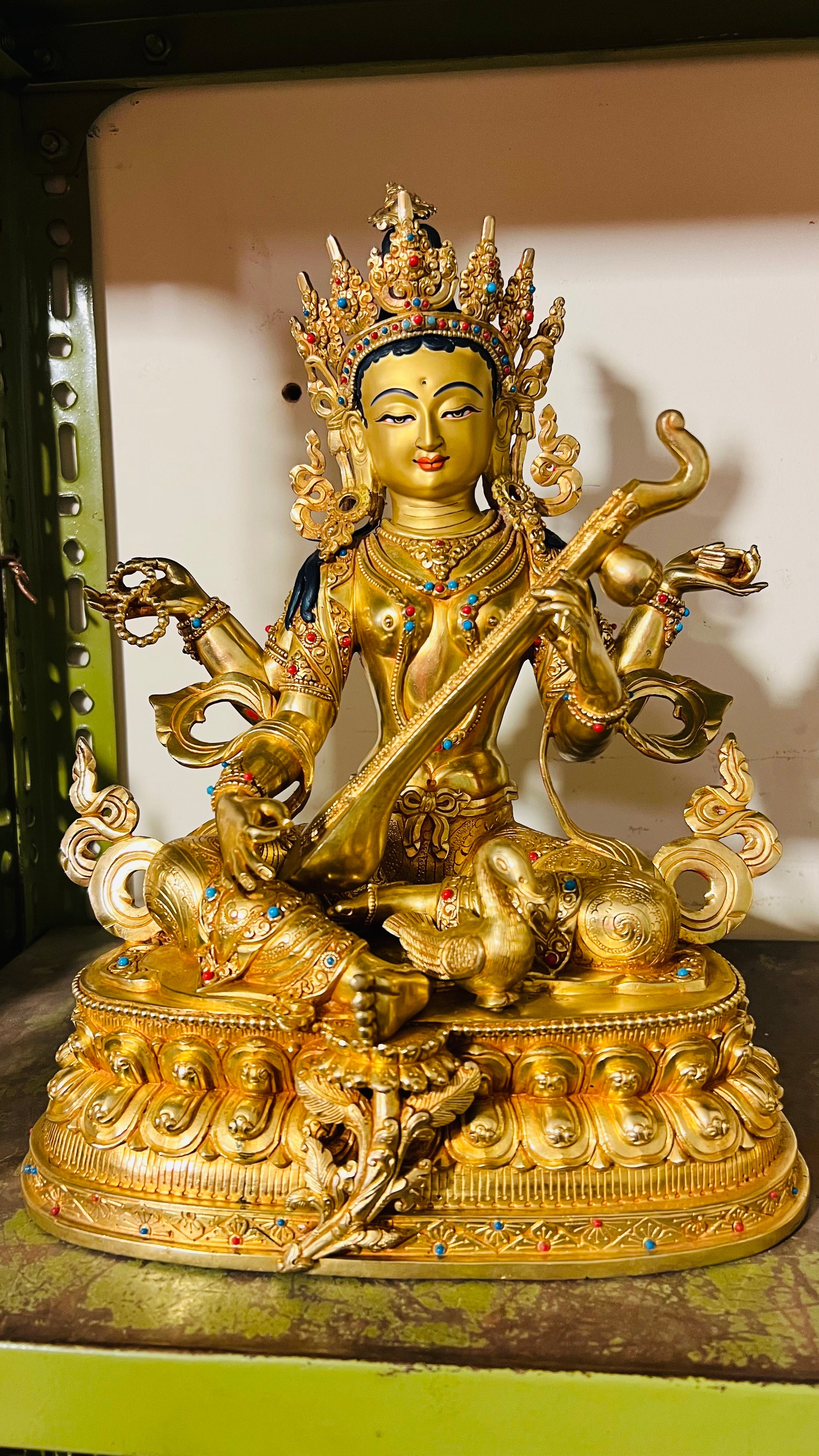 Saraswati / Yangchenma Four-Armed Hand-Carved Copper Gilded Statue 33cm / 13" – Double Lotus Throne Tibetan Style Masterwork Nepal | Bo Tree Arts