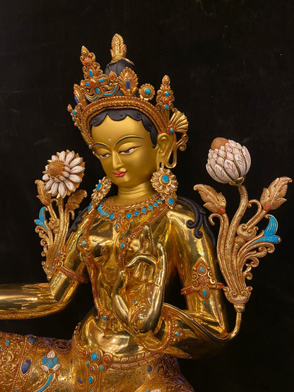 Green Tara (Mother of Liberation) Buddha Statue 86cm / 33.9" Hand-Carved Copper Gilded Himalayan Art Nepal