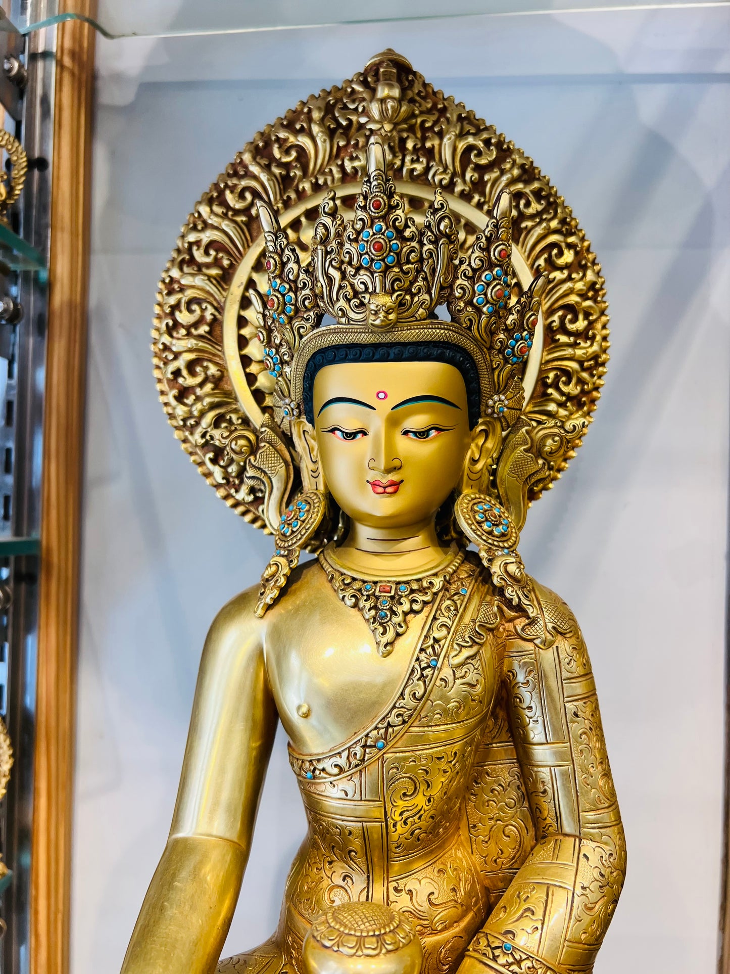 Shakyamuni Buddha Statue 40cm / 15.7" Hand-Carved Copper Gilded with Mandorla – Historical Buddha Botree Arts Himalayan Art – Handmade Tibetan Buddhist Statue, Lost-Wax Cast Himalayan Art from Nepal