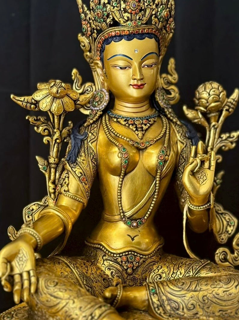 Green Tara (Mother of Liberation) Buddha Statue 36cm / 14.2" Hand-Carved Copper Gilded Painted with Gemstone Inlay – Masterwork by PaTam Himalayan Art Nepal | Bo Tree Arts