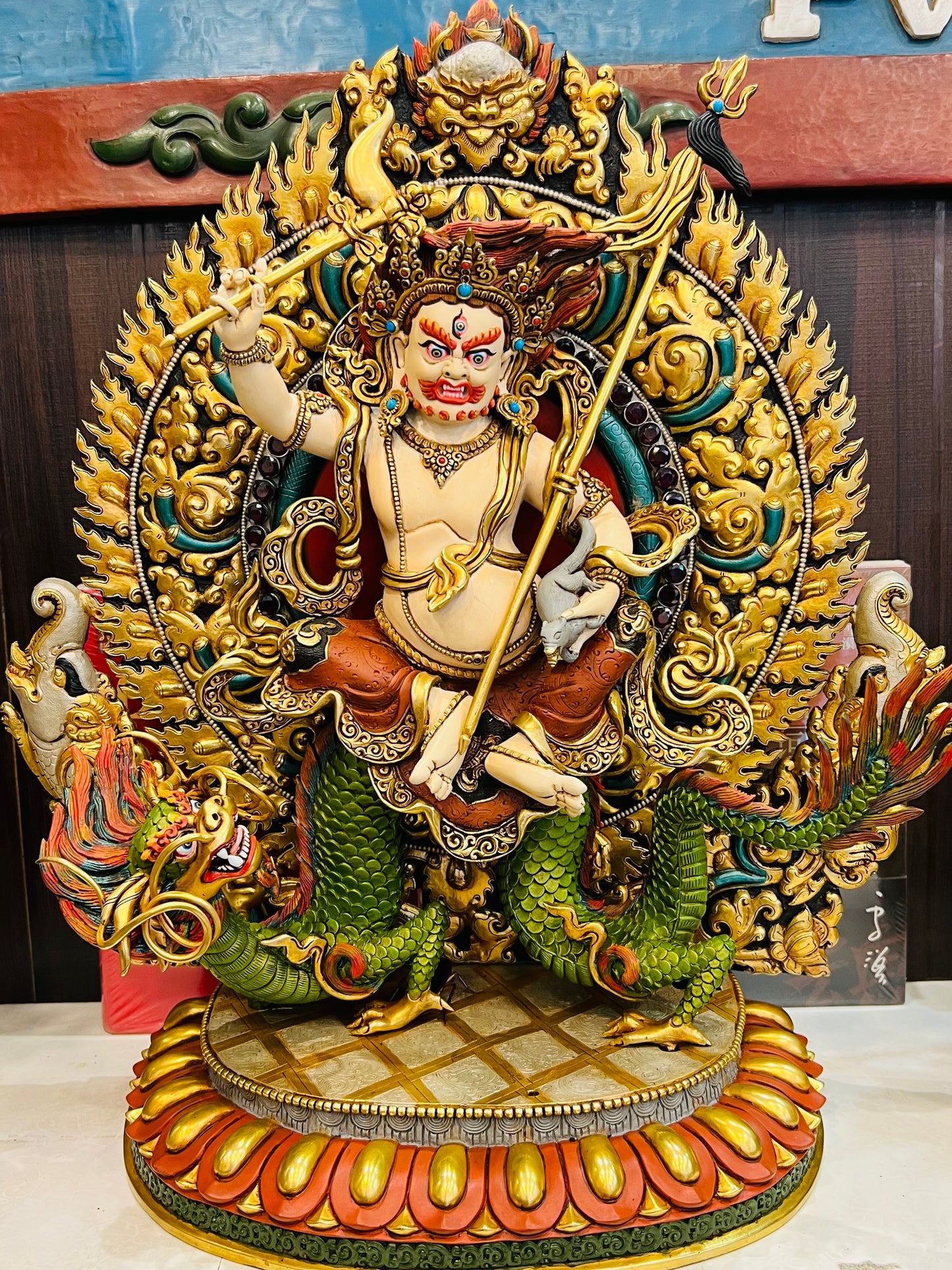 White Jambhala (Wealth Deity) Buddha Statue 45cm / 17.7" Hand-Carved Copper Gilded Painted – Museum-Quality Himalayan Art Nepal – Handmade Tibetan Buddhist Statue, Lost-Wax Cast Himalayan Art from Nepal