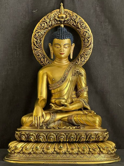 Shakyamuni Buddha (Historical Buddha) Statue 35cm / 13.8" Hand-Carved Copper Gilded with Mandorla – Museum-Quality Himalayan Art Nepal