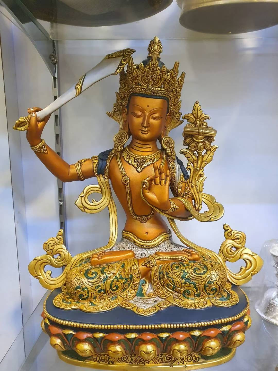 Manjushri Statue 33cm Hand-Carved Copper Gilded & Painted – Tibetan Style Wisdom Bodhisattva Masterwork, Himalayan Art from Nepal | Bo Tree Arts