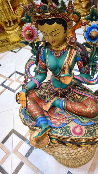 48cm Green Tara Statue Hand-Carved Copper Gilded & Painted – Serene Expression Tibetan Style Bodhisattva Masterwork Nepal