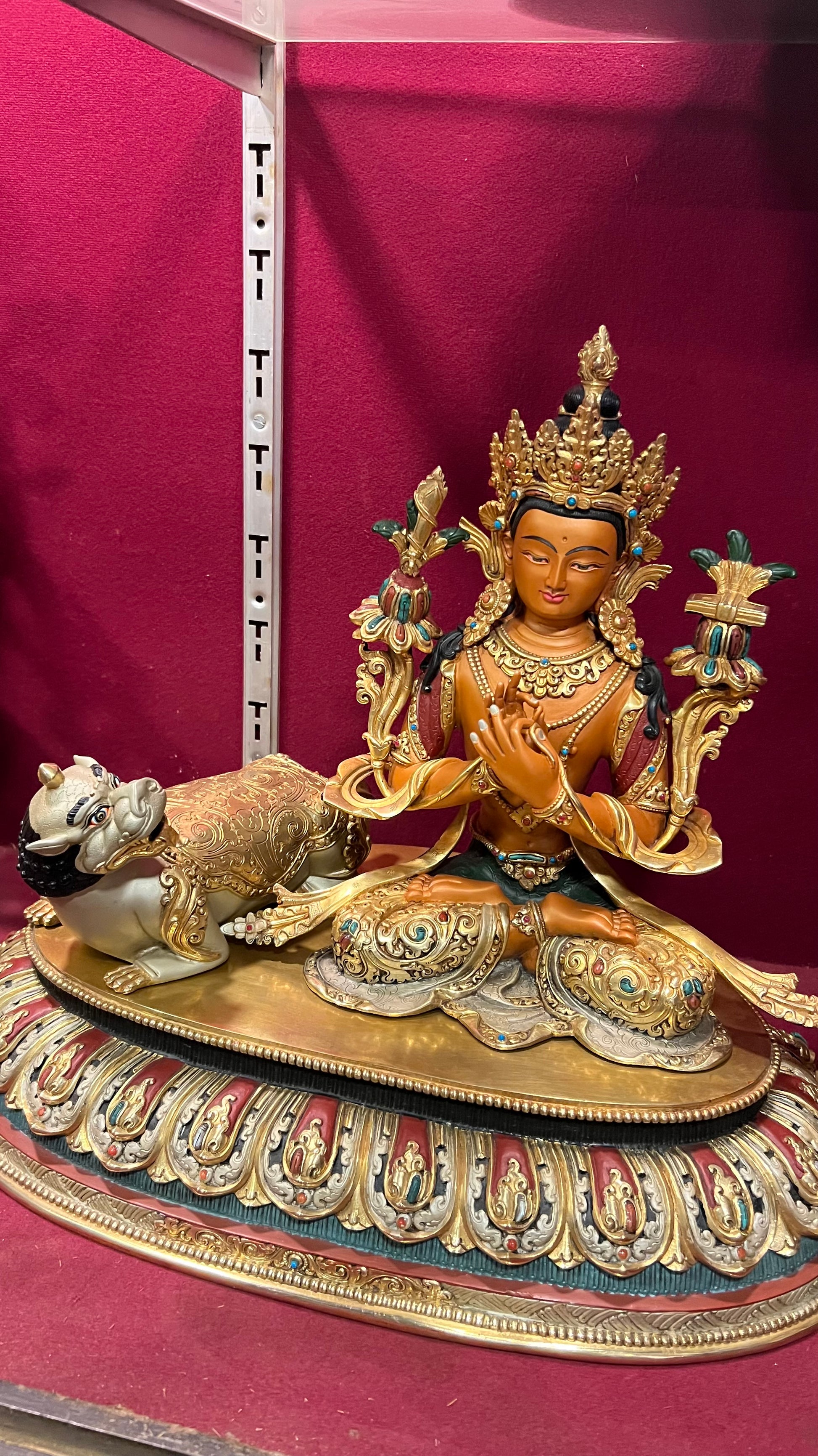 50cm Simhanada Manjushri Riding a Lion Statue – Hand-Carved Copper Gold-Plated Painted Masterwork, Tibetan Buddhist Wisdom Deity from Nepal | Bo Tree Arts