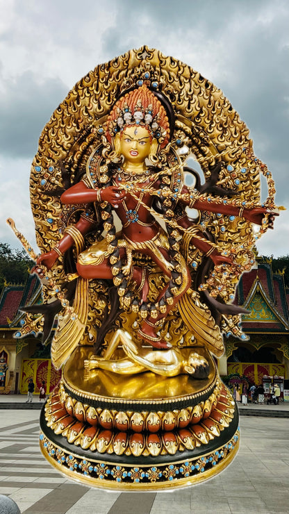 Kurukulla (Red Tara) Buddha Statue 36cm / 14.2" Hand-Carved Copper Gilded Painted with Golden Mandorla – Museum-Quality Himalayan Art Nepal