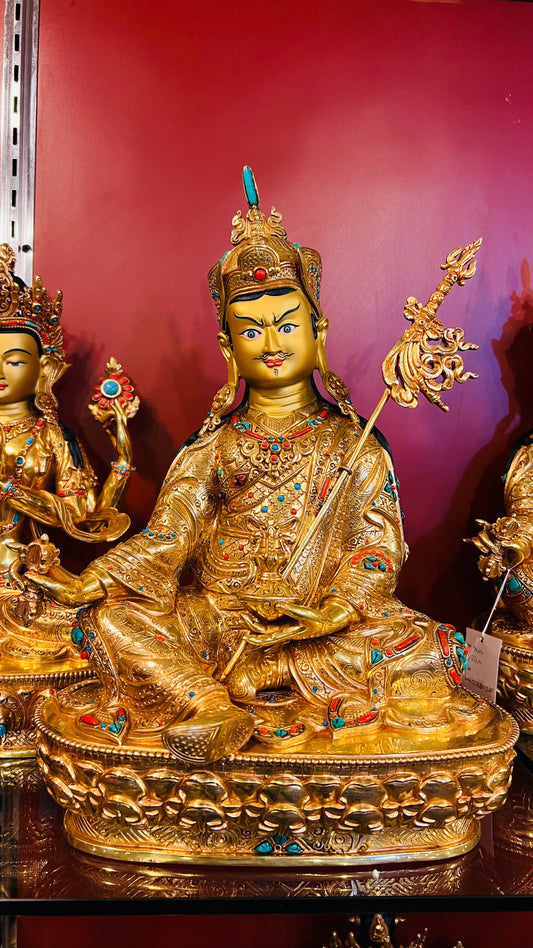 33cm Guru Rinpoche Padmasambhava Statue Hand-Carved Copper Gilded with Gemstone Inlay – Tibetan Style Lotus-Born Master Masterwork Nepal | Bo Tree Arts