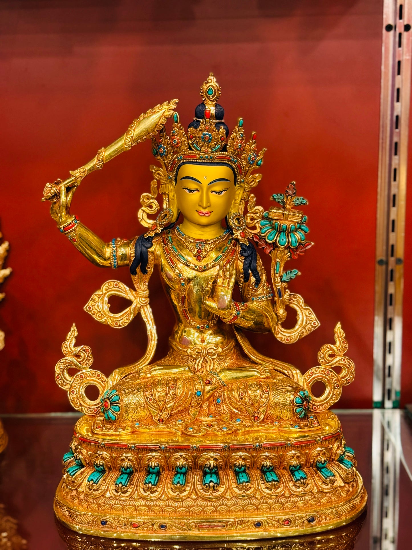 Manjushri Buddha Statue 33cm / 13" Hand-Carved Copper Gilded with Gemstone Inlay – Bodhisattva of Wisdom Handmade in Nepal – Handmade Tibetan Buddhist Statue, Lost-Wax Cast Himalayan Art from Nepal