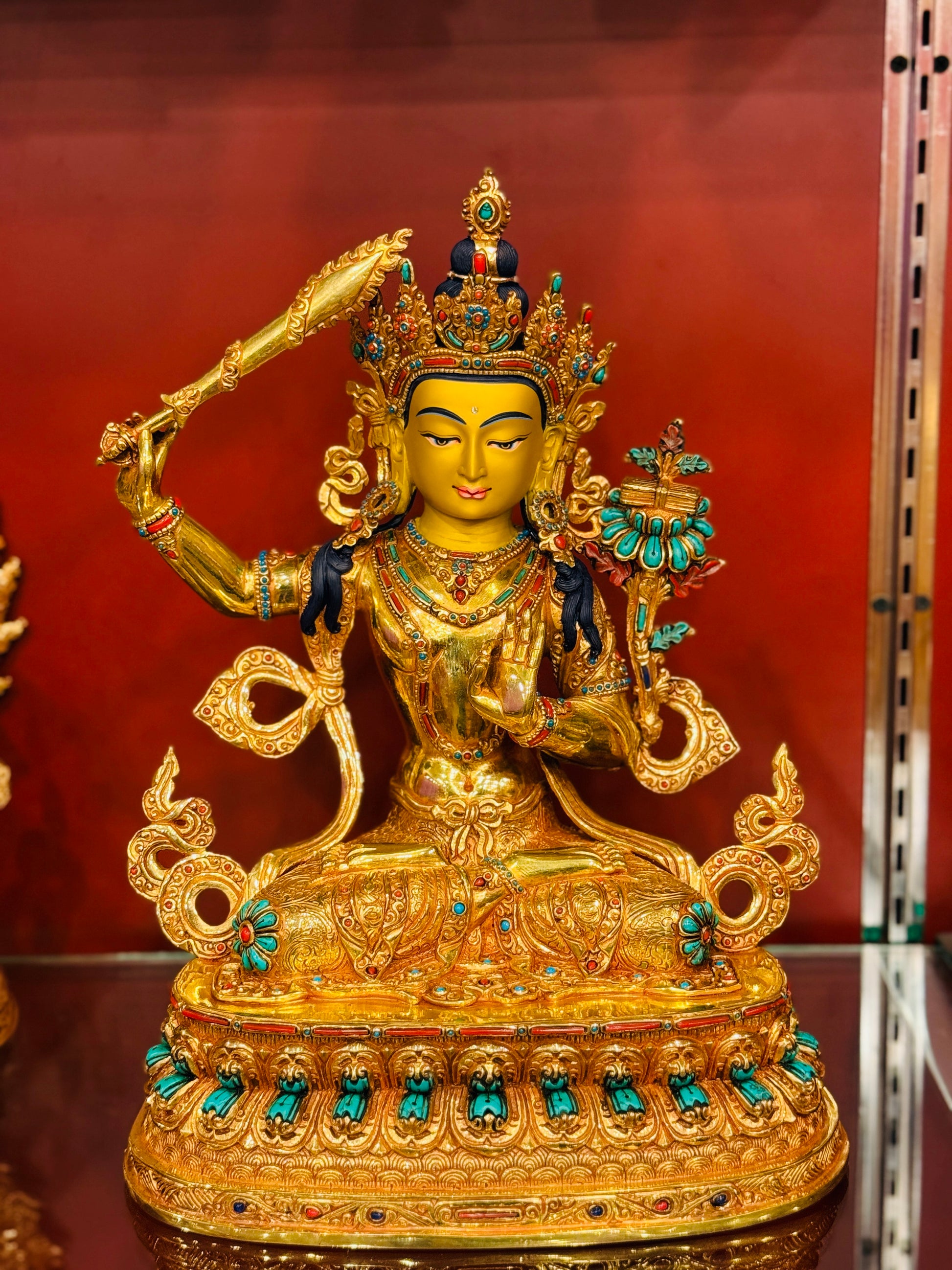 Manjushri Buddha Statue 33cm / 13" Hand-Carved Copper Gilded with Gemstone Inlay – Bodhisattva of Wisdom Handmade in Nepal | Bo Tree Arts