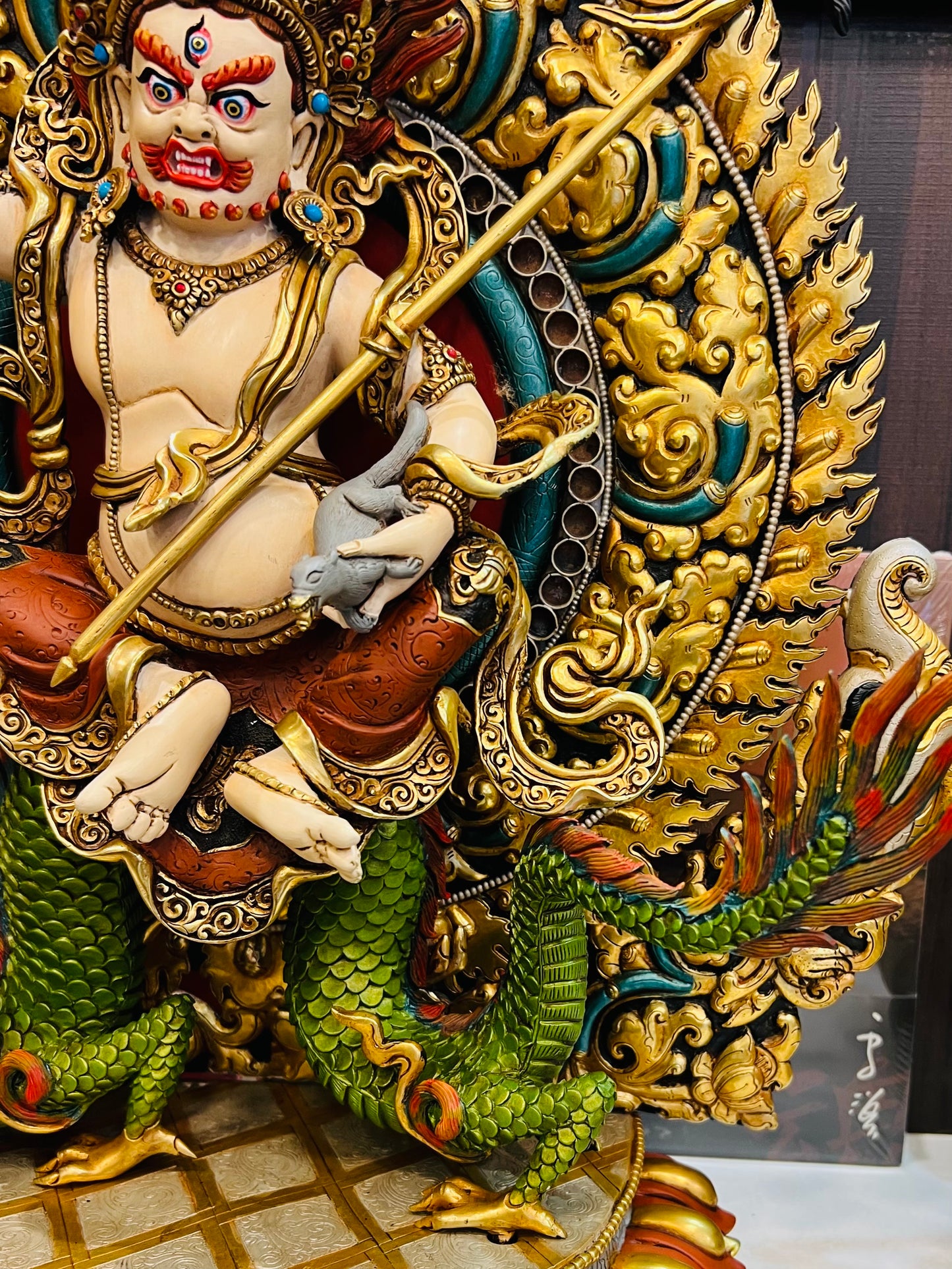 White Jambhala (Wealth Deity) Buddha Statue 45cm / 17.7" Hand-Carved Copper Gilded Painted – Museum-Quality Himalayan Art Nepal – Handmade Tibetan Buddhist Statue, Lost-Wax Cast Himalayan Art from Nepal