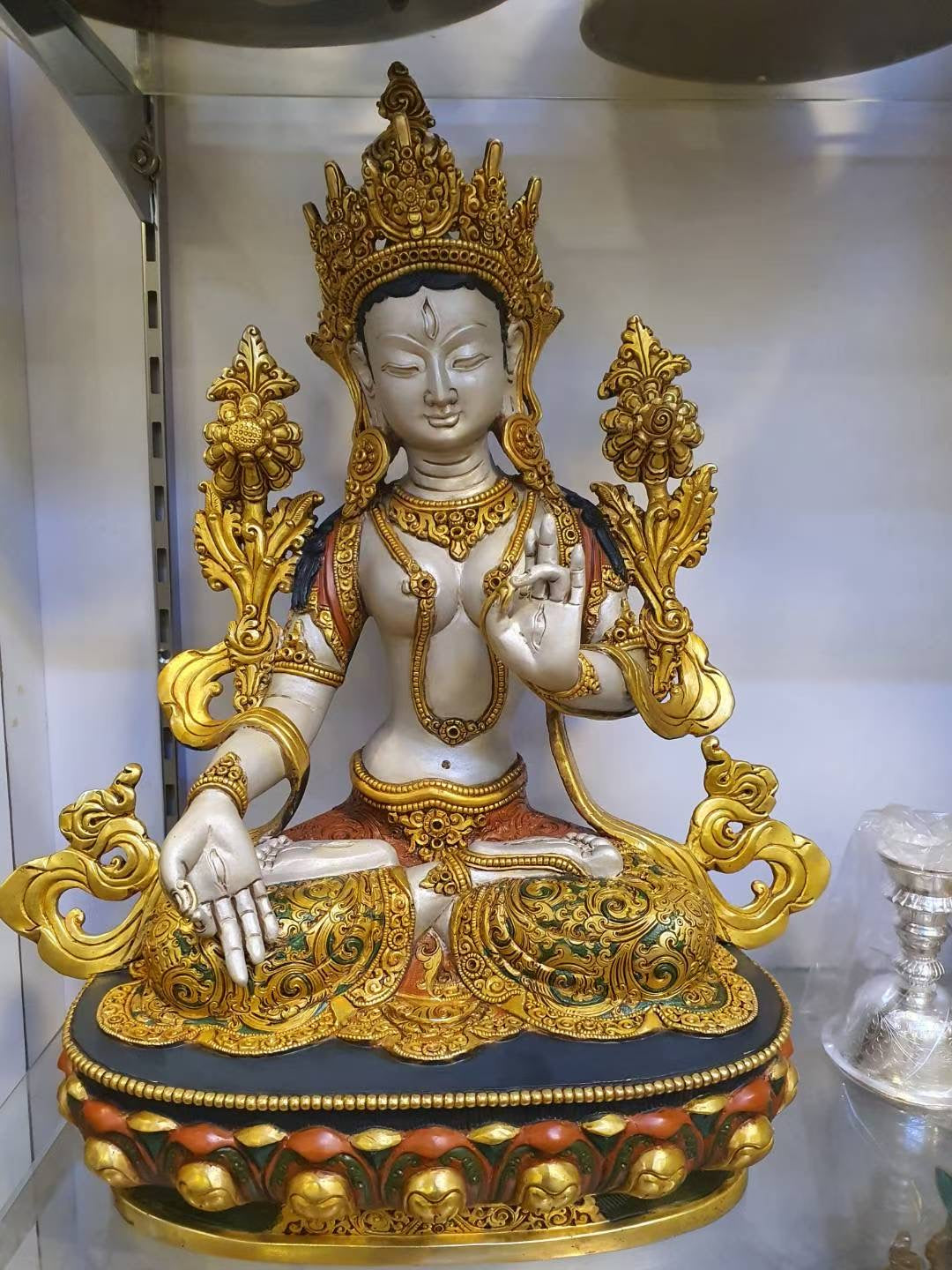 White Tara Statue 33cm Hand-Carved Copper Gilded & Painted – Museum-Quality Masterwork, Tibetan Style Bodhisattva Himalayan Art Nepal – Handmade Tibetan Buddhist Statue, Lost-Wax Cast Himalayan Art from Nepal