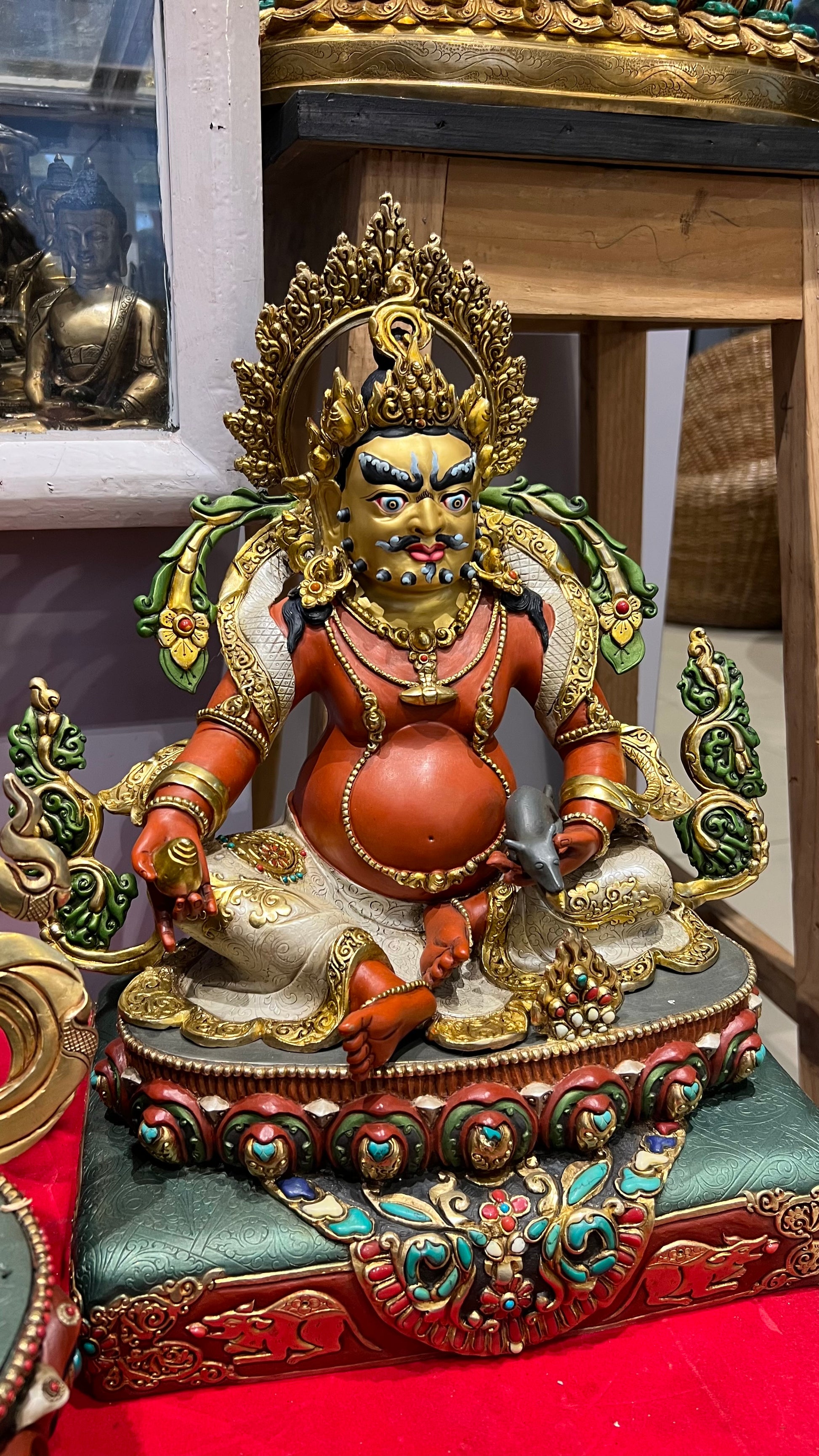 38cm Yellow Jambhala Statue Hand-Carved Copper Painted with Gemstone Inlay & Ornate Throne – Museum-Quality Tibetan Style Wealth Deity Masterwork Nepal | Bo Tree Arts