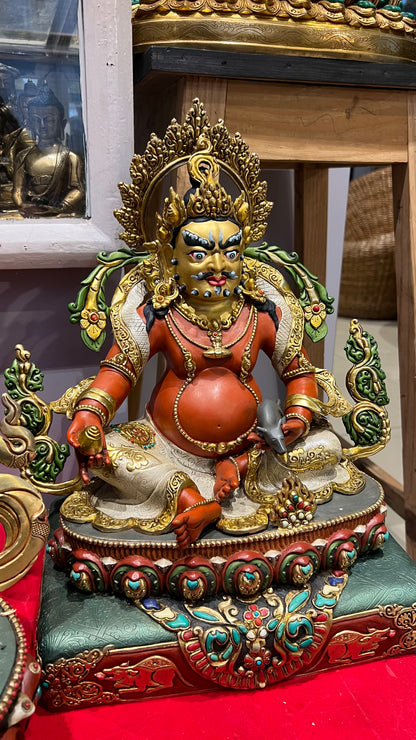 38cm Yellow Jambhala Statue Hand-Carved Copper Painted with Gemstone Inlay & Ornate Throne – Museum-Quality Tibetan Style Wealth Deity Masterwork Nepal