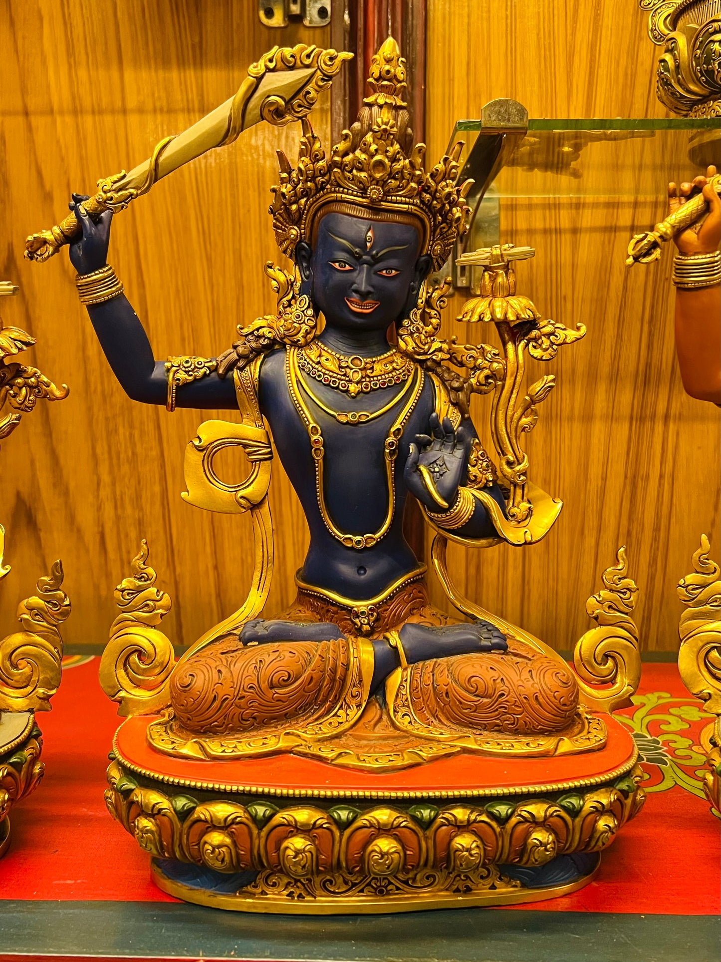 Manjushri Five Deities Set Buddha Statues 34cm / 13.4" Hand-Carved Copper Painted with Gilded Accents – Shakya Clan Masterwork Nepal – Handmade Tibetan Buddhist Statue, Lost-Wax Cast Himalayan Art from Nepal