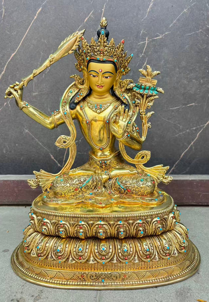 Manjushri Buddha Statue 40cm / 15.7" Hand-Carved Copper Gilded – Handmade in Nepal