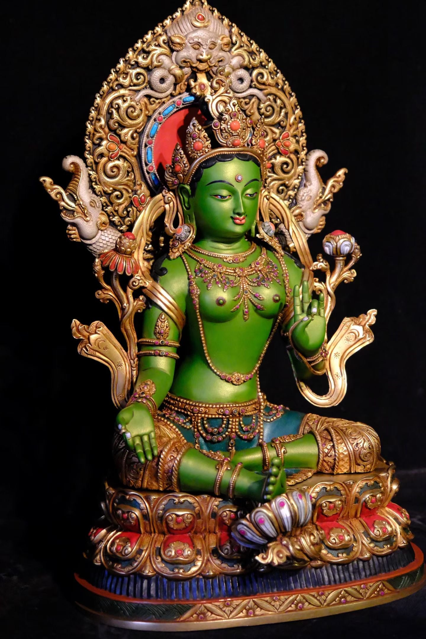 Green Tara (Mother of Liberation) Buddha Statue 42cm / 16.5" Hand-Carved Copper Gilded Painted with Mandorla – Masterwork Himalayan Art Nepal – Handmade Tibetan Buddhist Statue, Lost-Wax Cast Himalayan Art from Nepal