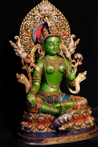 Green Tara (Mother of Liberation) Buddha Statue 42cm / 16.5" Hand-Carved Copper Gilded Painted with Mandorla – Masterwork Himalayan Art Nepal
