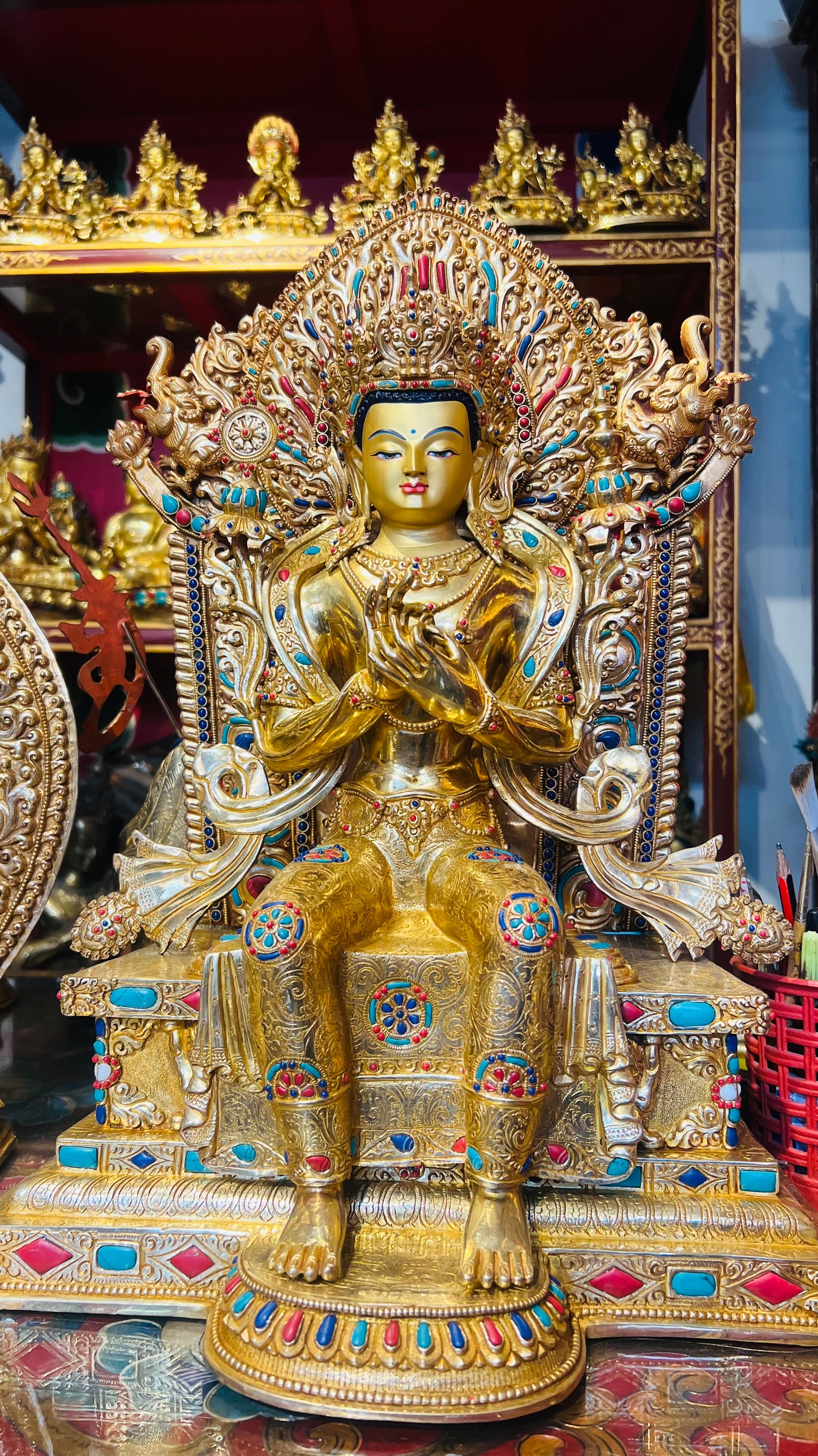 45cm Gilded Maitreya Buddha Statue with Crown – Handmade Copper Sculpture, Tibetan Style Future Buddha Art from Nepal – Handmade Tibetan Buddhist Statue, Lost-Wax Cast Himalayan Art from Nepal